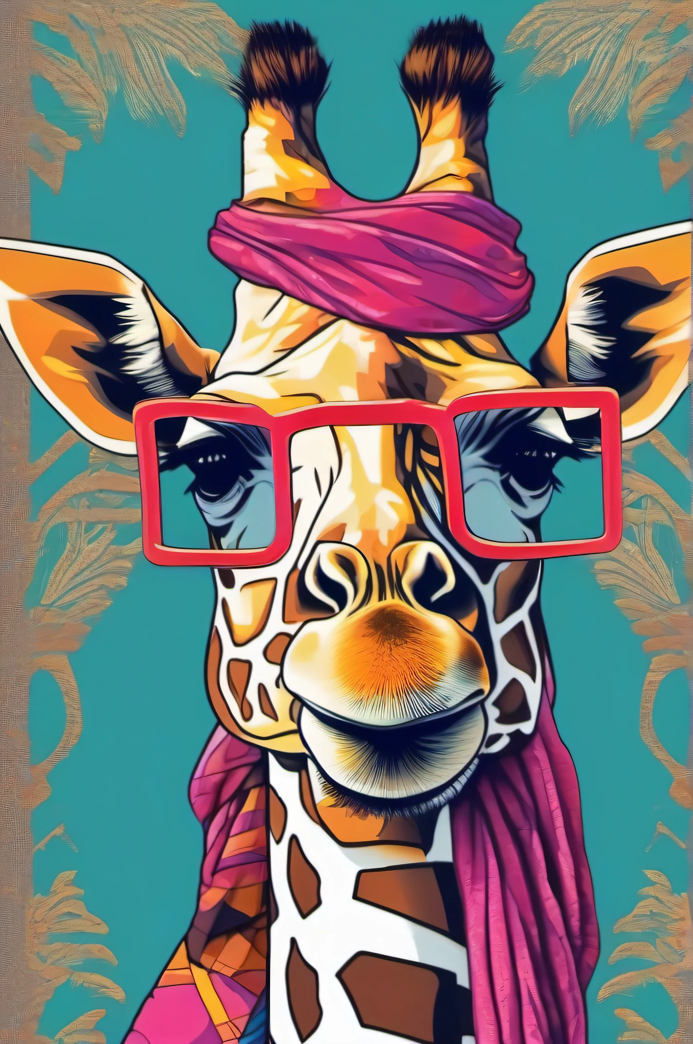 Create a T-shirt print with a giraffe with a scarf around the neck of sunglasses and well colored Waiting to get started