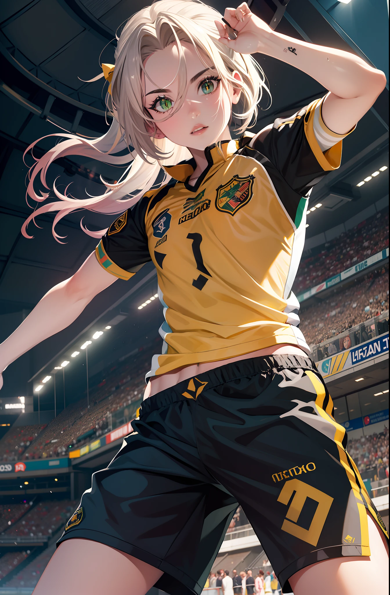Astolfo em uniforme de futebol,melhor qualidade,4k,8k,alto,master part:1.2,ultra-detalhado,Realistic:1.37,fotorrealista:1.37, HDR,UHD,exuberante campo de grama verde,Stadium lighting,Sombras negras,bola de futebol laranja e branca,gotas de suor cintilantes,Brisa fresca,postura confiante,strong athletic build,sharp facial features,olhos azuis brilhantes com uma pitada de travessura,cabelos loiros brancos bem estilizados,Canary yellow football shirt with black details,Emblem of a lion carried on the chest,shorts azuis escuros sob medida com meias brancas combinando,novas chuteiras pretas brilhantes,Excelente controle de bola, Dribble with elegance,exibindo um trabalho extravagante,flying through the air for a header,Goleiro mergulhando para fazer uma defesa espetacular,Torcida nas arquibancadas,aplausos estrondosos,excitement and adrenaline in the air,Bandeira verde e branca da equipe agitando orgulhosamente.