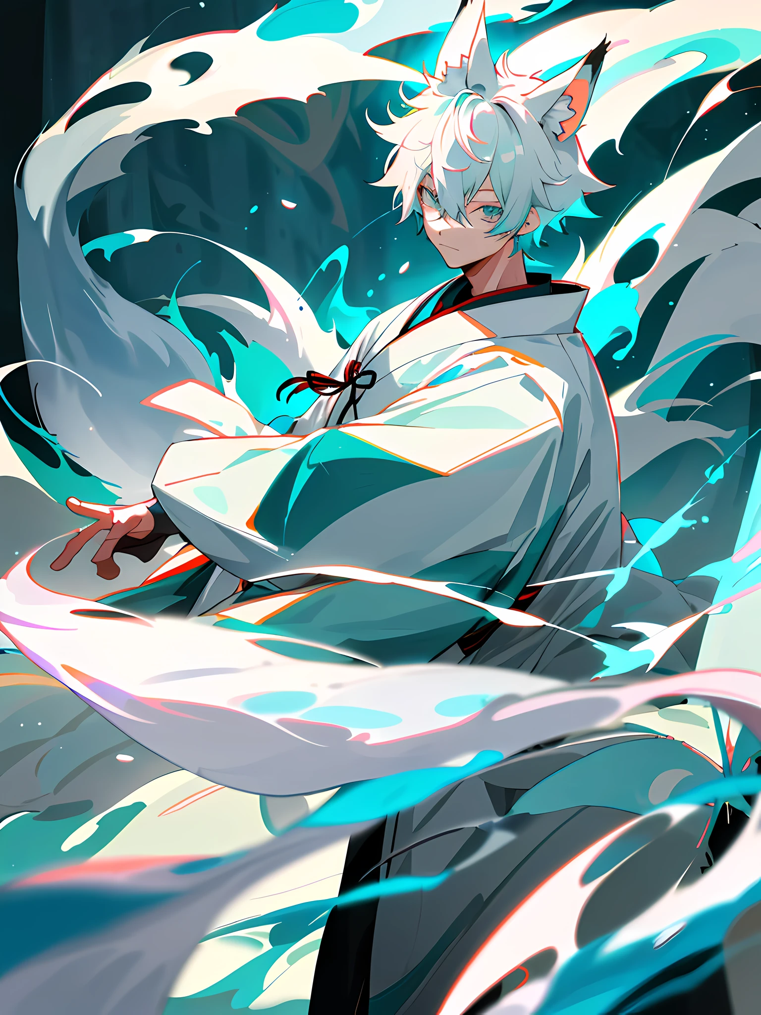 1boy, short white hair, teal eyes, fox ears, three fox tails, white fur, wearing traditional Japanese clothes, blue electric aura, forest, absurdres, high res, ultrasharp, 8K, masterpiece, looking at viewer