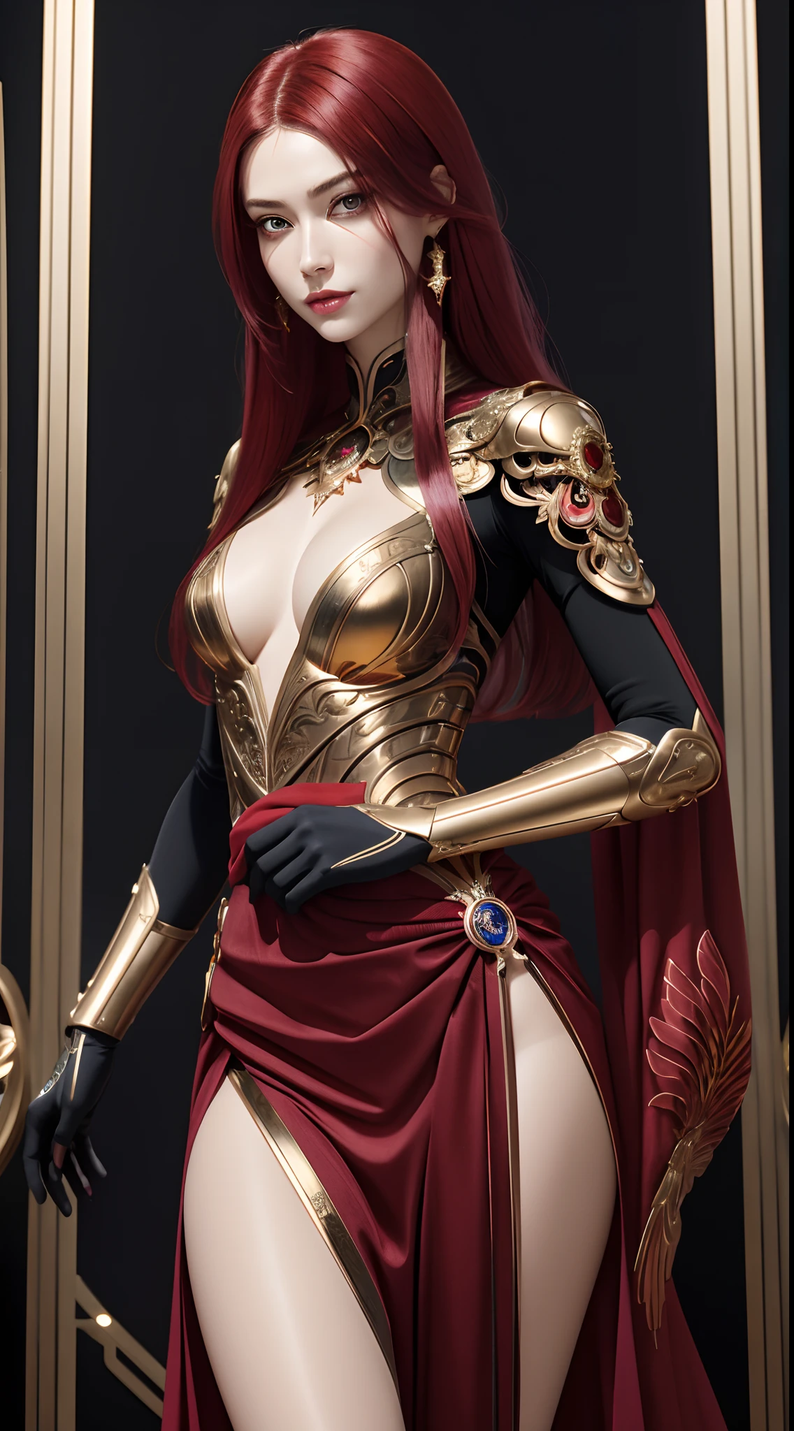 8k,Beautiful cyborg portrait with reddish blue hair,iintricate,ellegance,Highly meticulous,A majestic,Digital photography,Atkin and Nguyen Jia, and artistic surrealist paintings by Greg Rutkowski, There are gold-plated phoenix filigree on the clothes,brokenglass,(tmasterpiece,Sideslit,exquisite and beautiful eyes:1.2 ), Human Development Report,Gold tulle tights,Exposes the skin around the waist,Waist exposed,Chest penetration,Exposing the skin of the chest,Shoulders exposed,The expression is serious,
