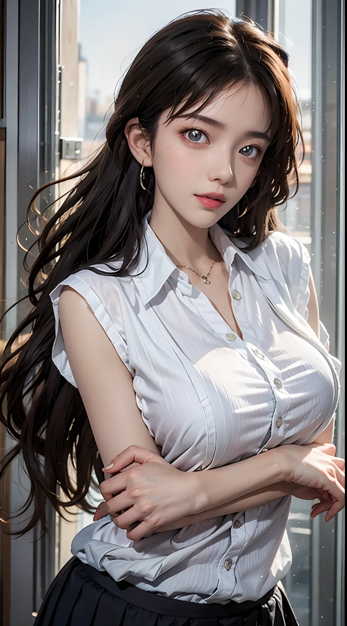 photorealistic, high resolution, soft light,1women, solo, hips up, (detailed face), jewelry, Mori Ran,(black hair, long hair, wavy hair), school uniform