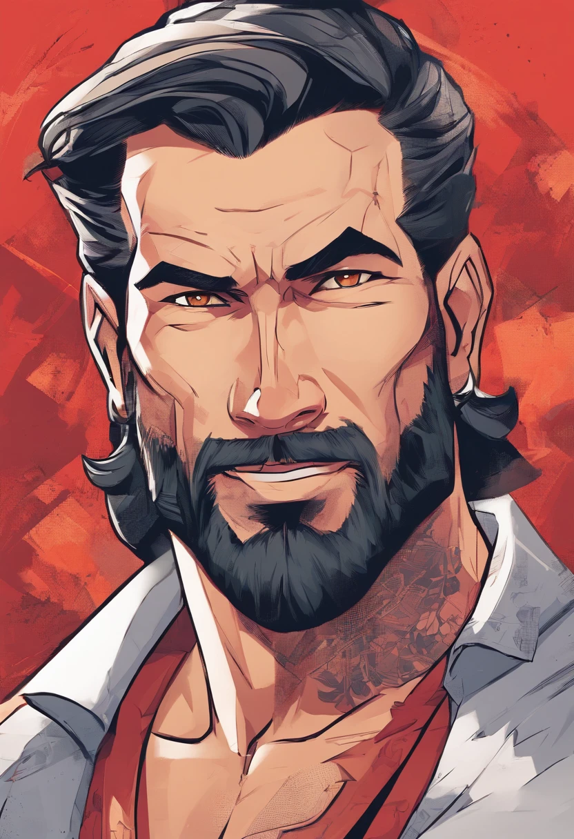 Un primer plano de un hombre con barba y camisa roja, Retrato de personaje de cuerpo completo, Retrato de cuerpo completo del personaje, Retrato de personaje de cuerpo completo, Personaje masculino, Markiplier, carnoso, muscular character, Retrato de cuerpo entero, Arte del personaje masculino humano, Retrato de alta calidad, Con barba Leonidas, pintado digitalmente, Retrato detallado de cuerpo completo, PNG sin comprimir