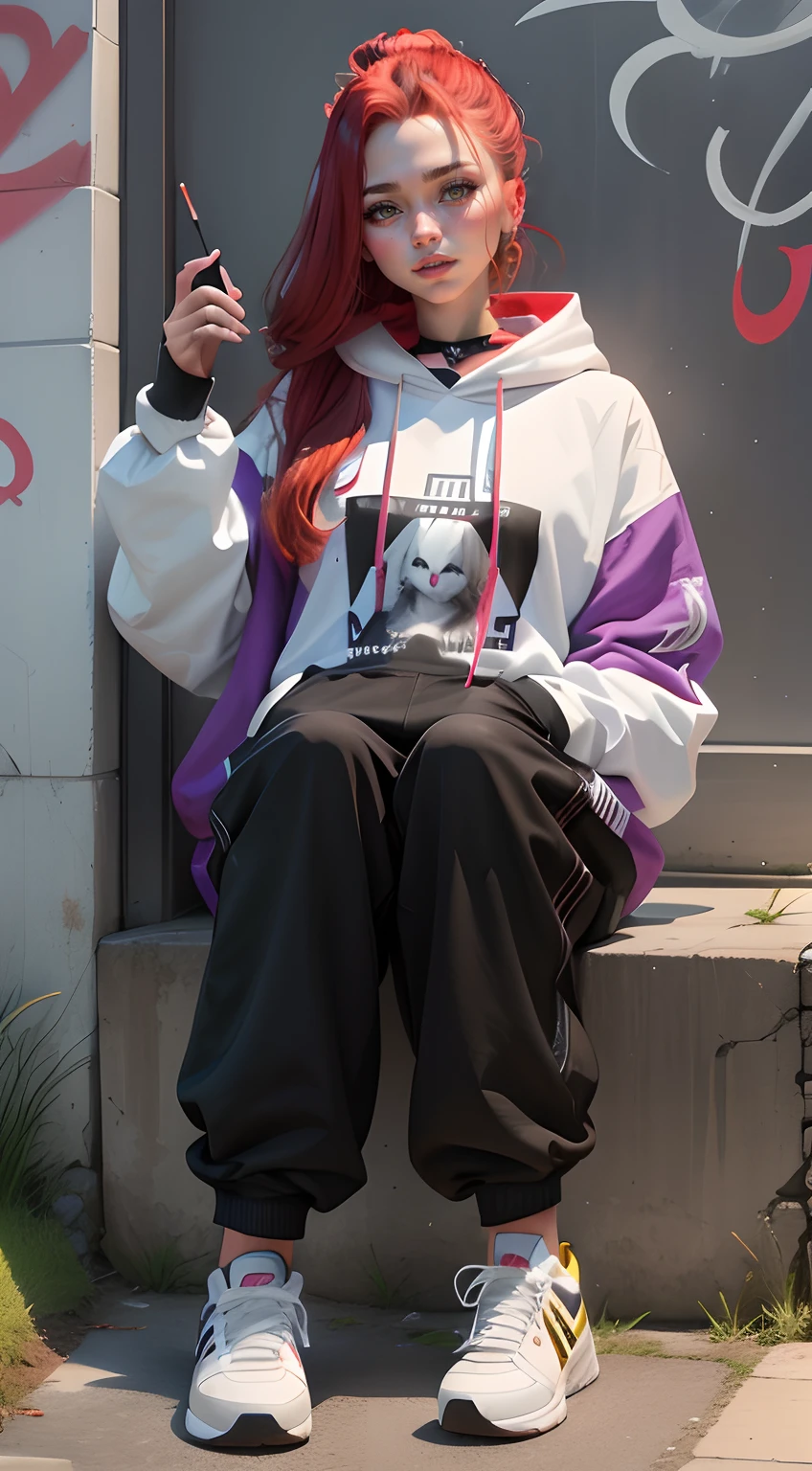 Mulher de 19 anos Magra, com cabelos longos ruivos, She's sitting holding a can of spray paint in one hand and a cigarette in the other, Releasing smoke through the mouth, usando roupas grandes tamanho GG, winter and comfortable clothes, um casaco preto com detalhes em roxo, black wide pants, with a very pulled wall behind, Wall with graffiti behind and a white and yellow cat next to the red-haired woman