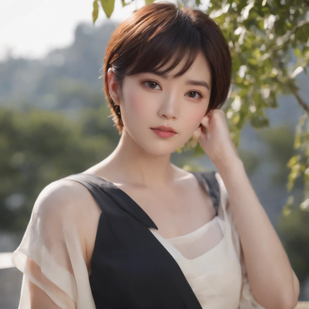 japanes、drooing eyes、Short hairstyle、Little fat girl、A dark-haired、short-haired、Embarrassed face、Hair illuminated by the sun、、drooing eyes、Short hairstyle、Little fat girl、A dark-haired、short-haired、A face that looks like it can work、Landscape of the building、Hair illuminated by the sun、suits