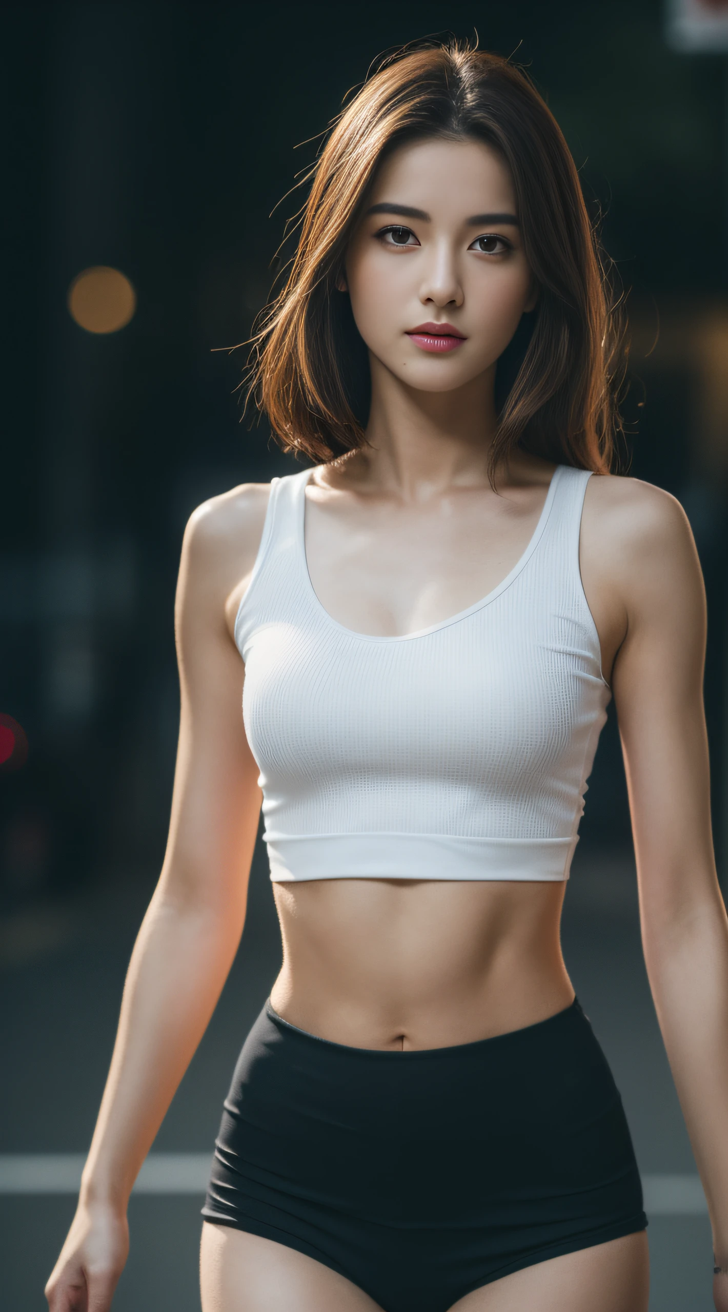 ((Realistic lighting, Best quality, 8K, Masterpiece: 1.3)), Clear focus: 1.2, 1girl, Perfect Figure: 1.4, Slim Abs: 1.1, ((Dark brown hair)), (White crop top: 1.4), (Outdoor, Night: 1.1), City streets, Super fine face, Fine eyes, Double eyelids,