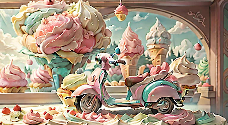 (Huge ice cream scooter),illustration,Realistic Shading,Extraordinary details,Pastel colors,magical lighting,Fine texture,Pink fluffy clouds,Sparkling sprinkler,Delicate cone,Whimsical atmosphere,happy emotion,Dreamy background,Happy child,Delicious dessert,Soft serve ice cream,the ice cream shop,Vibrant colors,Candy toppings,fairy tale setting,The window appears,Lively scene,Cherry on top,Elegant whirlpool,Playful imagination,Captivating moments,A fun-filled experience,Creamy texture,sweetness,Irresistible temptation,Summer cuisine,Refreshing delight,Fantasy world