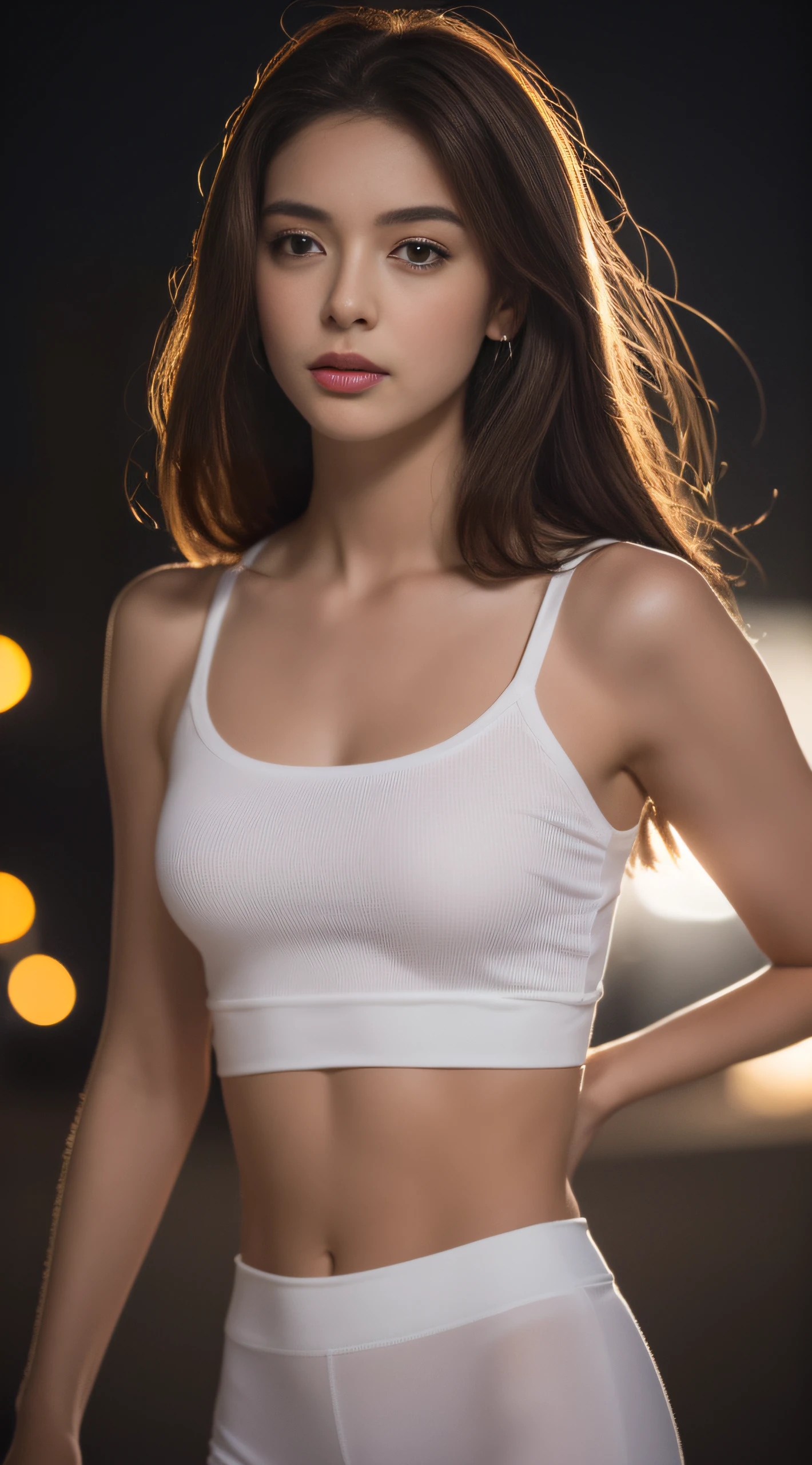 ((Realistic lighting, Best quality, 8K, Masterpiece: 1.3)), Clear focus: 1.2, 1girl, Perfect Figure: 1.4, Slim Abs: 1.1, ((Dark brown hair)), (White crop top: 1.4), (Outdoor, Night: 1.1), City streets, Super fine face, Fine eyes, Double eyelids,