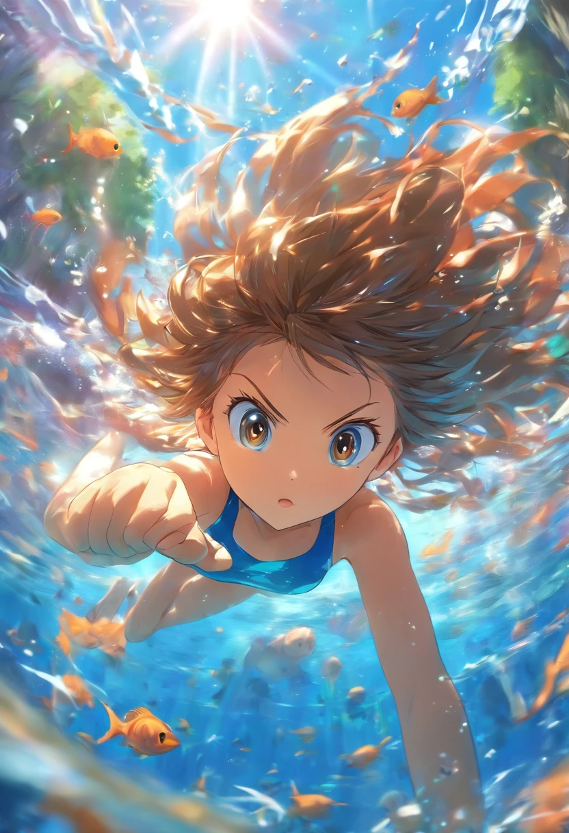 foreshortening,  profundidade de campo, master part, best quality, 1gatinho, brown hair, olhos castanhos,  cabelos longos, underwater, bolha de ar, sozinho, Olhando para o Viewer, school school swimsuit, swimming,  luz solar fraca,