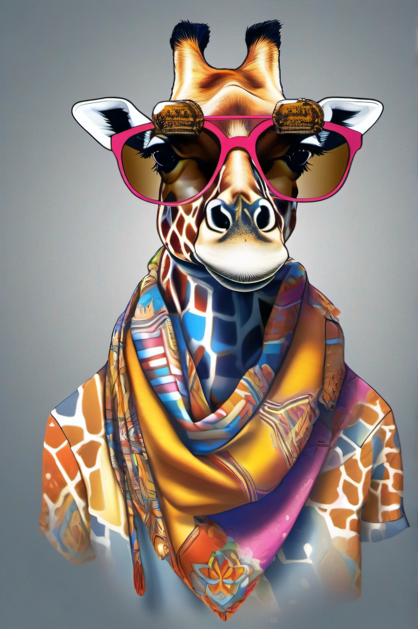 Create a T-shirt print with a giraffe with a scarf around the neck of sunglasses and well colored Waiting to get started