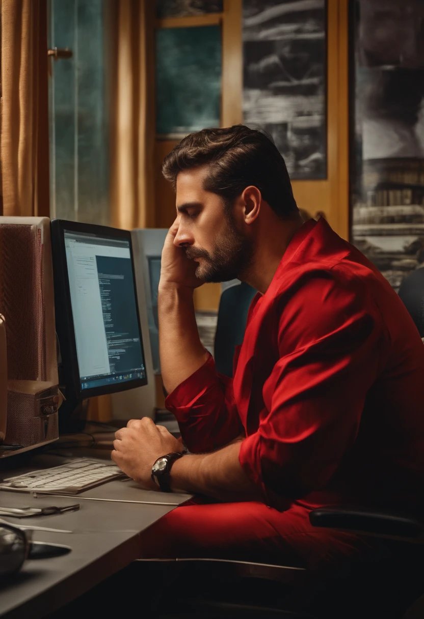 Homem sentado na frente de um computador, com semblante de triste, Another man behind him with his head a little big and red, gritando com o homem que esta sentado.