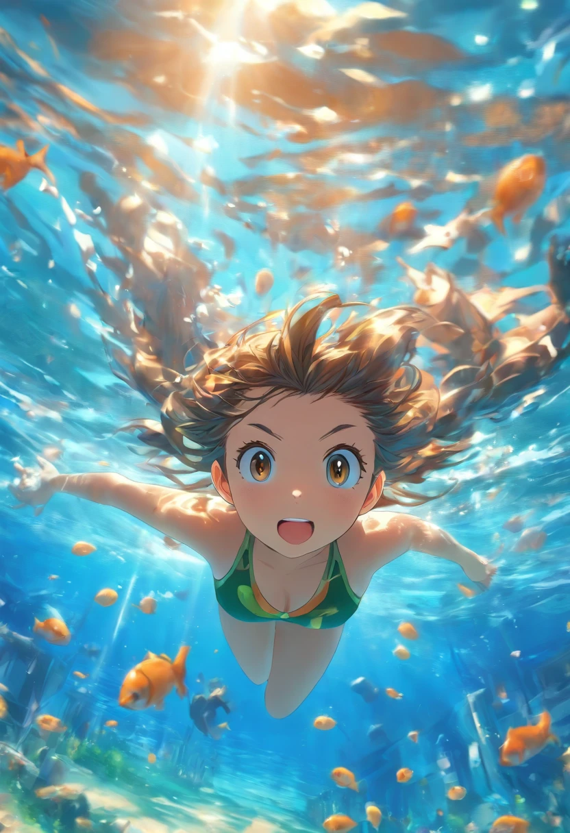 foreshortening,  profundidade de campo, master part, best quality, gatinho, brown hair, olhos castanhos, underwater, bolha de ar, sozinho, Olhando para o Viewer, school school swimsuit, swimming,  luz solar fraca,