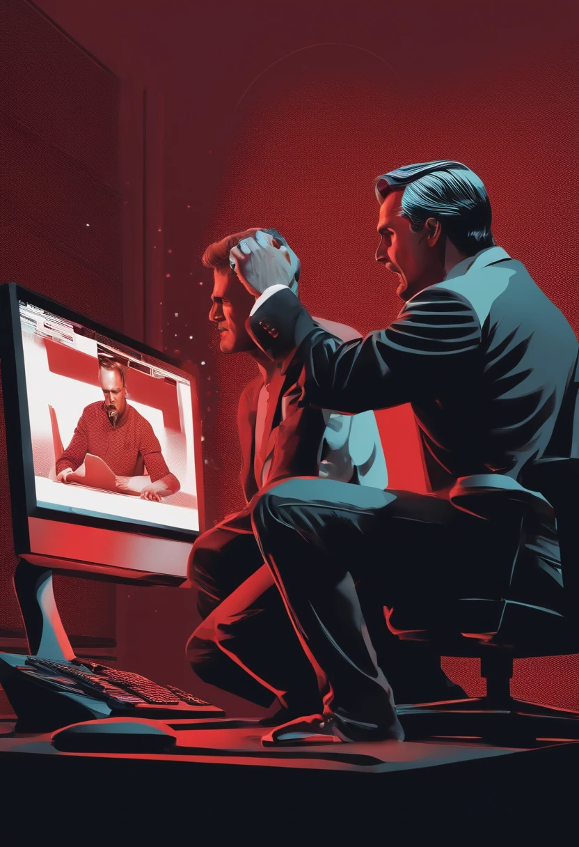 Man sitting in front of a computer, with a sad face, another man behind him with his head a little big and red, shouting at the man who is sitting