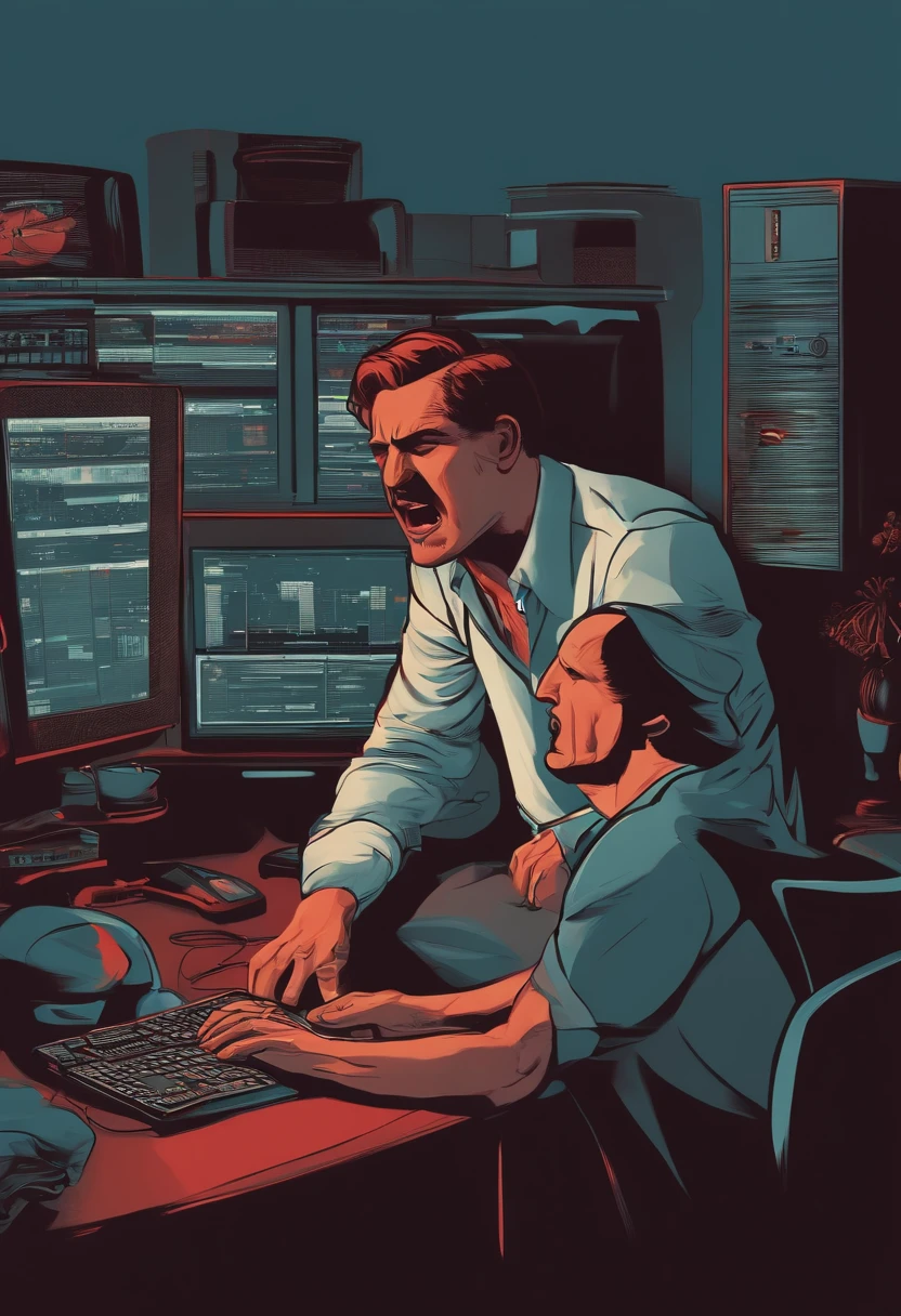 Man sitting in front of a computer, with a sad face, another man behind him with his head a little big and red, shouting at the man who is sitting