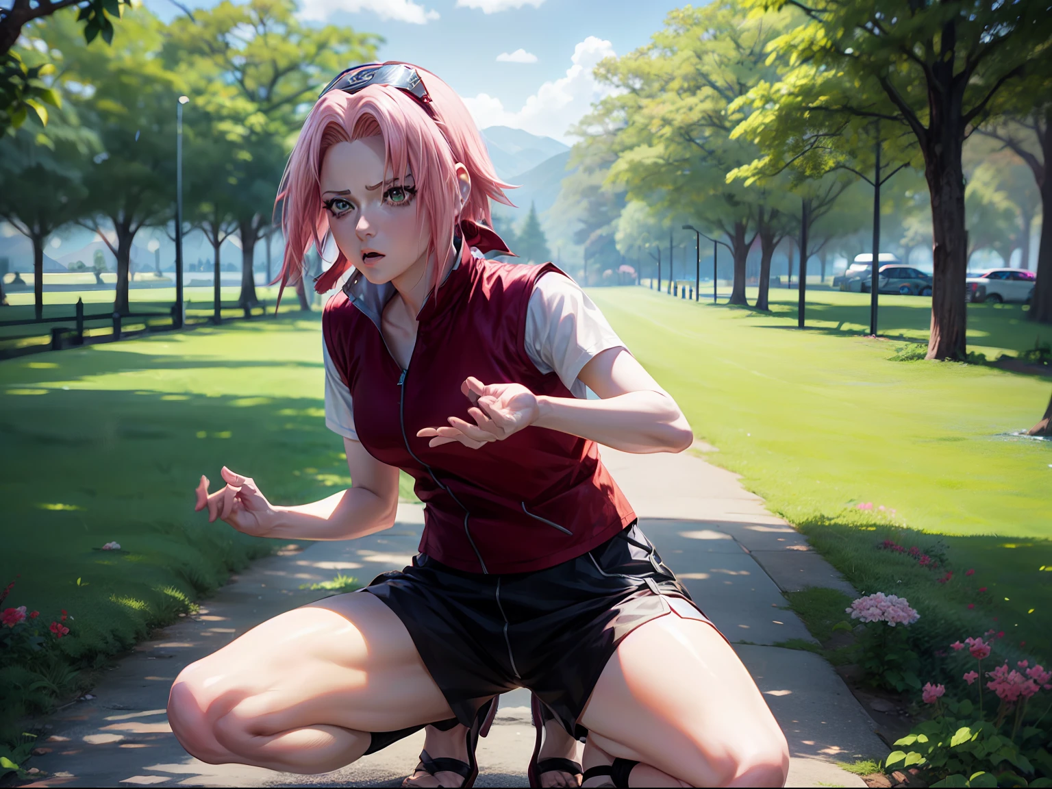sakura haruno, ((4k, master part, alta qualidade, detalhe)), short hair, Camisa vermelha sem mangas, black thigh shorts, Mostrando suas axilas, squatting, mostrando-lhe , Floresta, ((majo)), anime Naruto shipudden