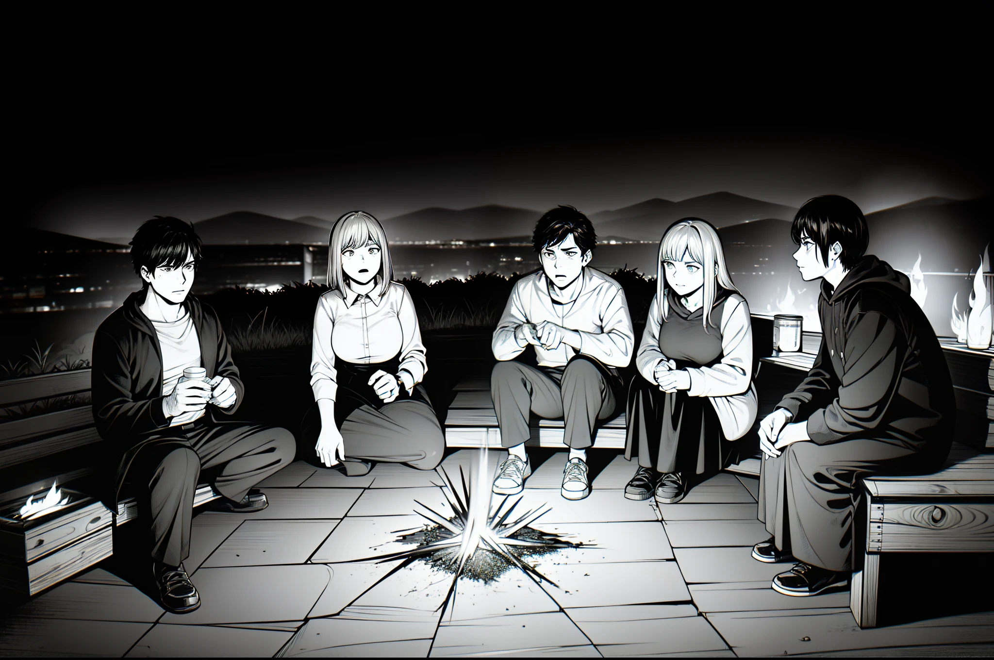 (best quality,4k,highres), (black and white comic style),(late night, around 1 A.M), a group of people (three men and two women) (one man wearing a hood) sitting around a campfire in the outskirts, with a distant view of mountains