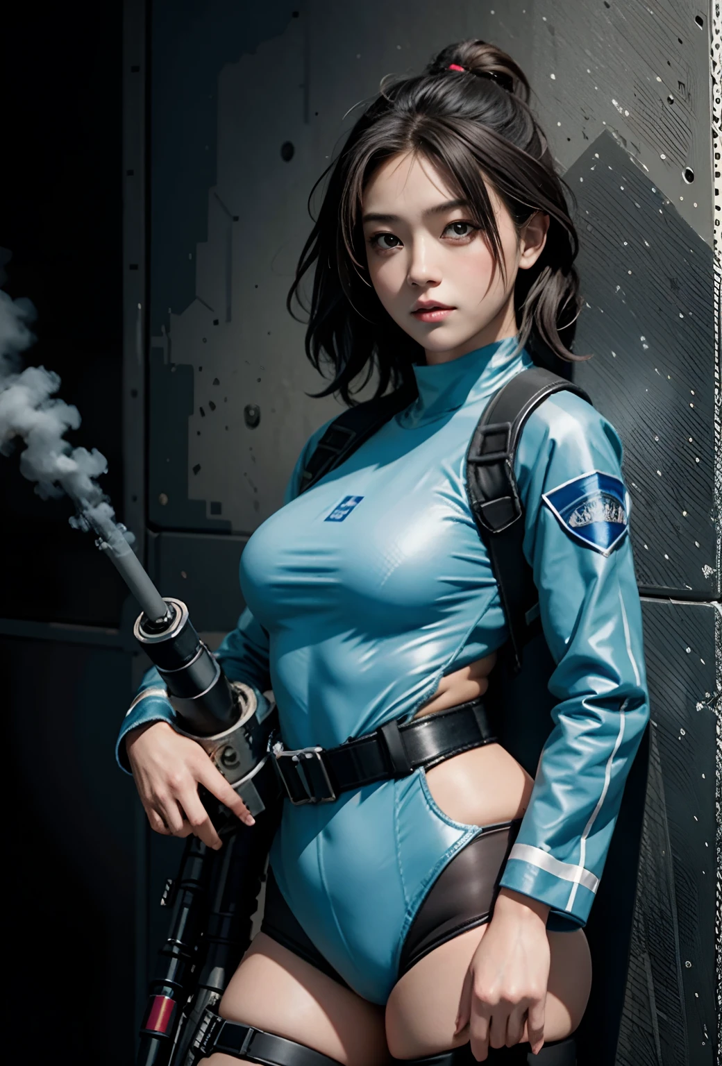 Highest image quality, outstanding details, ultra-high resolution, (realism: 1.4), ((group shot:0.75)), highly condensed 5 ladies, with beautiful and a delicate face, perfect proportion, (chubby:0.3, small breasts), (cloths color base ratio black:0.4 white:0.5 other-color:0.1), (wearing rash-guard likes police uniform, black and gray mecha, wearing high-tech heavy gasmask, military harness, holding a machinegun, carrying hich-tech-flamethrower -tank on back), captain, background simple gray wall,