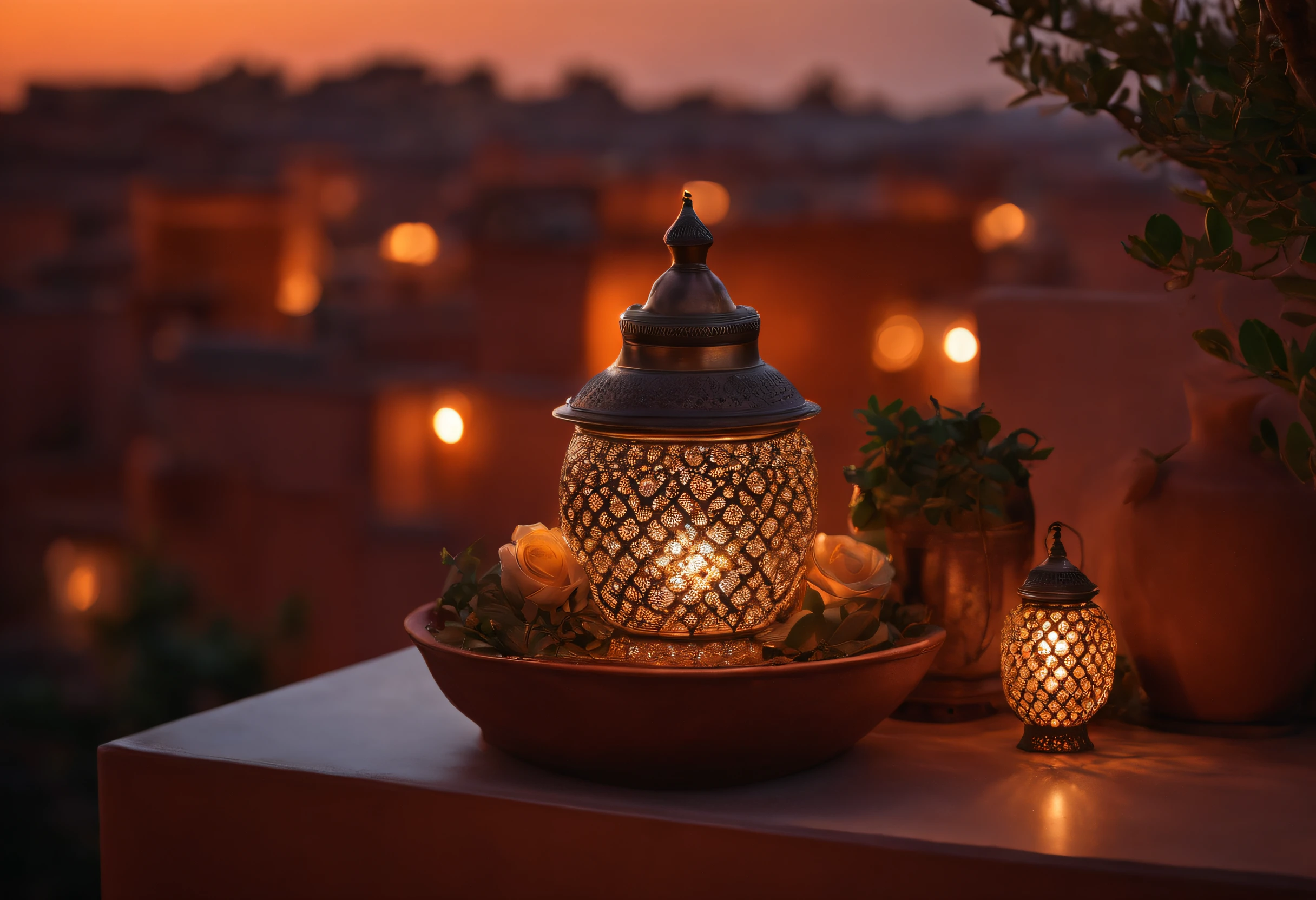 hyper realistic photo, ultra detailed photograph of a beautiful Moroccan rooftop, Amazigh pillows, photorealistic, riad rooftop, Marrakech view, stunning stars in the sky, iridescent, hyperrealism, moroccan lamps, sexy, Ultra photoreal, Intricate details, Ultra detailed, elegant photorealistic, great high details, hyper real photo, 8k, extreme quality, gorgeous roses, exotic, glimmering lights, magical, romantic