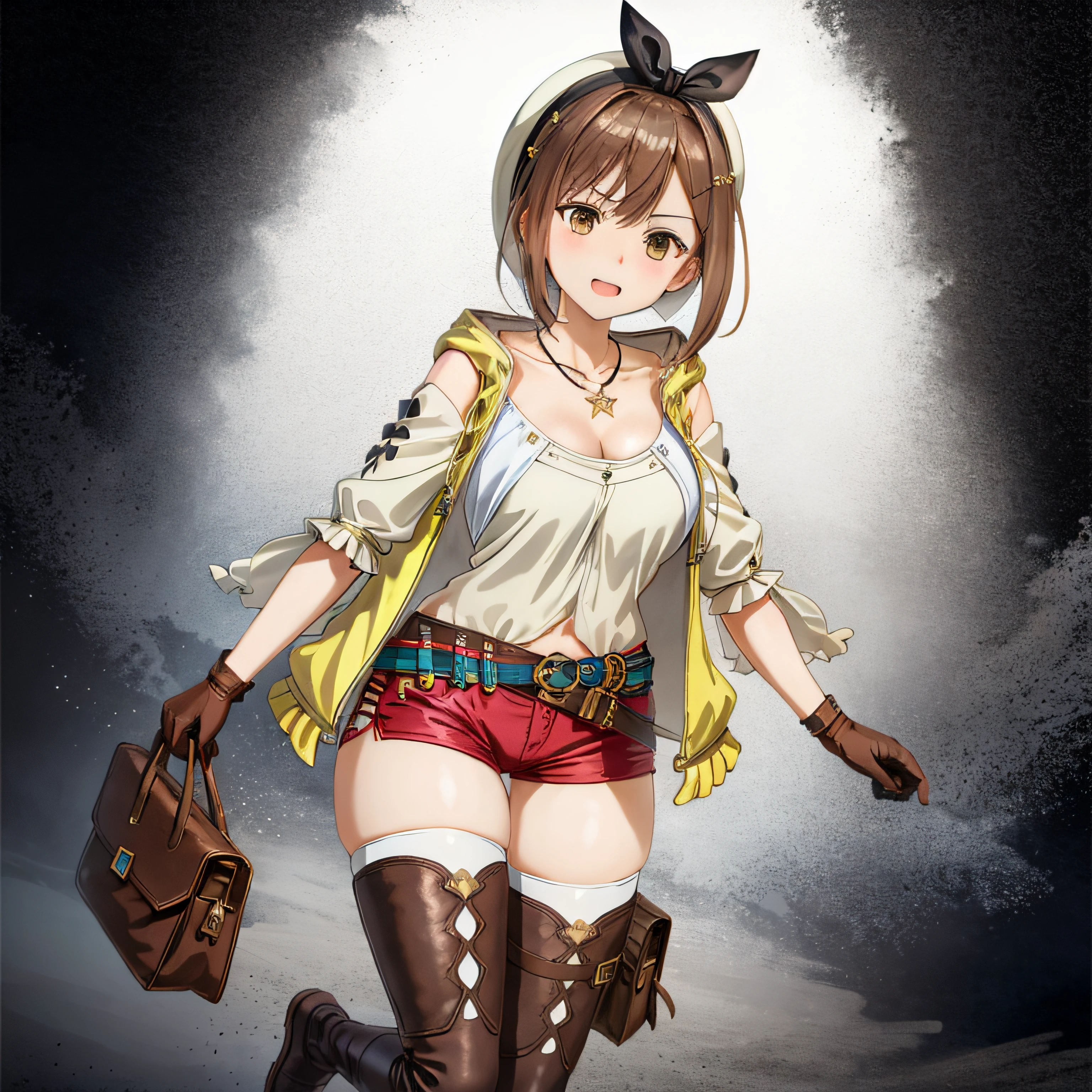 Liza, 1girl in, Solo, Shorts, gloves, Belt bag, hat, Head Ribbon, Jewelry, Red shorts, Brown hair, thighs thighs thighs thighs, Short shorts, bridal legwear, Necklace, Brown eyes, single glove, Hair Ornament, hair clips, Star Necklace, toeless footwear, Leather, Star (symbol), White cap, Brown gloves, long boots, Short hair, thighs thighs thighs thighs, Leather Belt, brown belt, Leather gloves, Jacket, Blue belt, Navel, Thigh boots, sleeveless jacket, Thigh Pouch, white thighhig, 鎖骨, Yellow jacket, Brown Footwear, cleavage, Large breasts,directly in front,