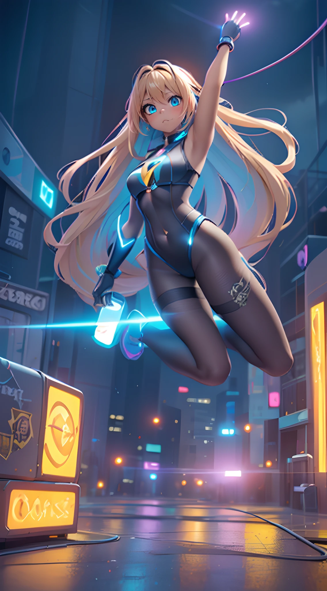 (Dynamic Angle:1.4), ((Full body posing:1.5), (Colorful:1.2), (Highly detailed CG Unity 16K wallpaper:1.1), (Denoising strength: 1.45), (tmasterpiece:1.37), ((Official art)), of the highest quality, (Realistic), Green Cyber Girl, 2 head body,Deformed Character,cute expression, (Super long hair:1.6),voluminous hair,Hair in motion,Golden hair,(Dark skin:1.3),Glowing eyes,(blue eyess:1.2), ((Floating in the air:1.3)), ((jumpping:1.3)),wires, (LED:1.3), (a hologram:1.2), futuristic city street, Neon light, Skyscrapers, (Night:1.2), (Rainbow Model:1.2), 8K resolution, (Anime style:1.3), Cinematic lighting, chromatic abberation, spark of light, Ray tracing, blending, ultra wide-angle, Hasselblad, (masutepiece), (masutepiece), ((Best Quality)), ((masutepiece)), nffsw