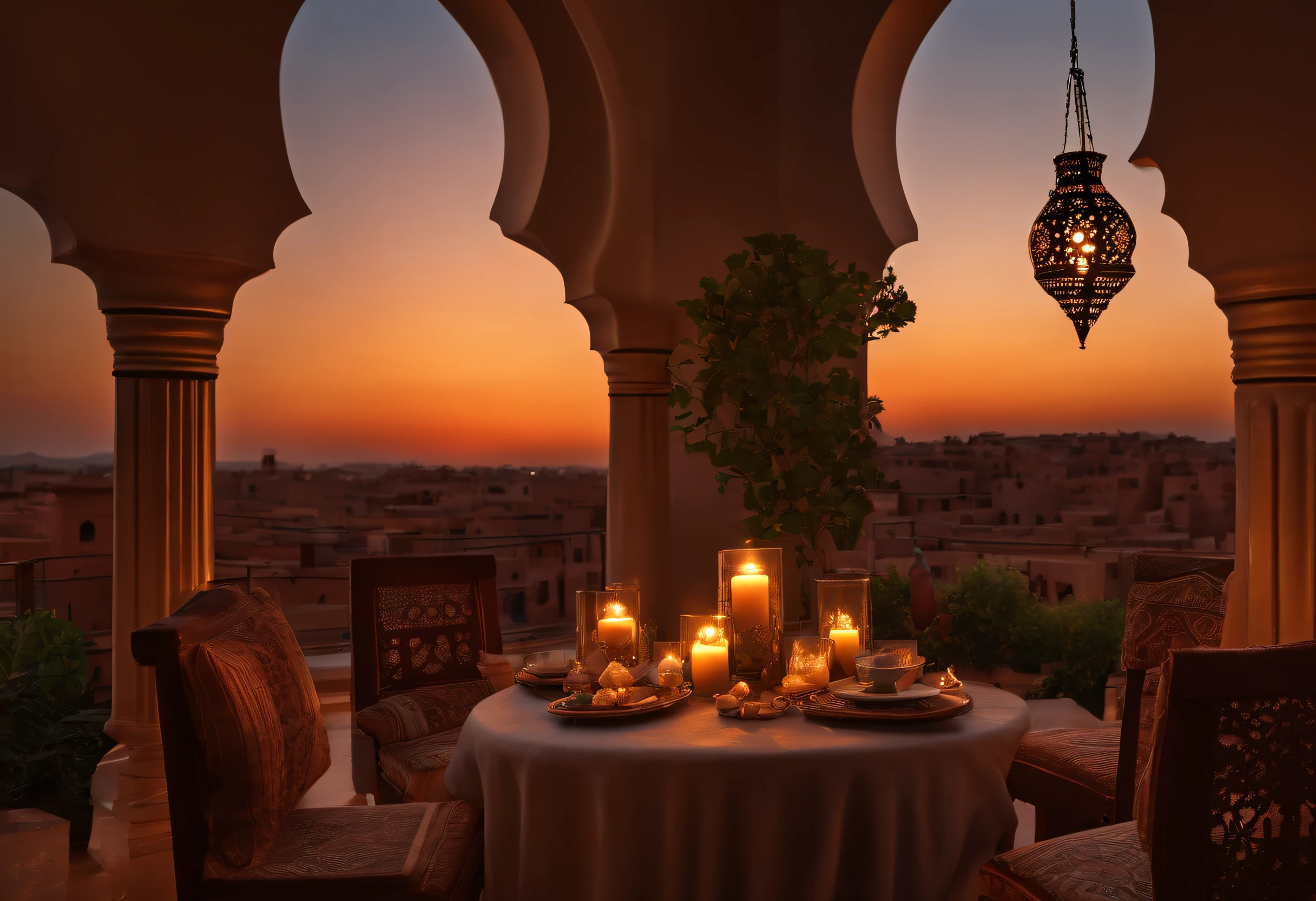 hyper realistic photo, ultra detailed photograph of a beautiful Moroccan rooftop, Amazigh pillows, photorealistic, riad rooftop, Marrakech view, stunning stars in the sky, iridescent, hyperrealism, moroccan lamps, sexy, Ultra photoreal, Intricate details, Ultra detailed, elegant photorealistic, great high details, hyper real photo, 8k, extreme quality, gorgeous roses, exotic, glimmering lights, magical, romantic