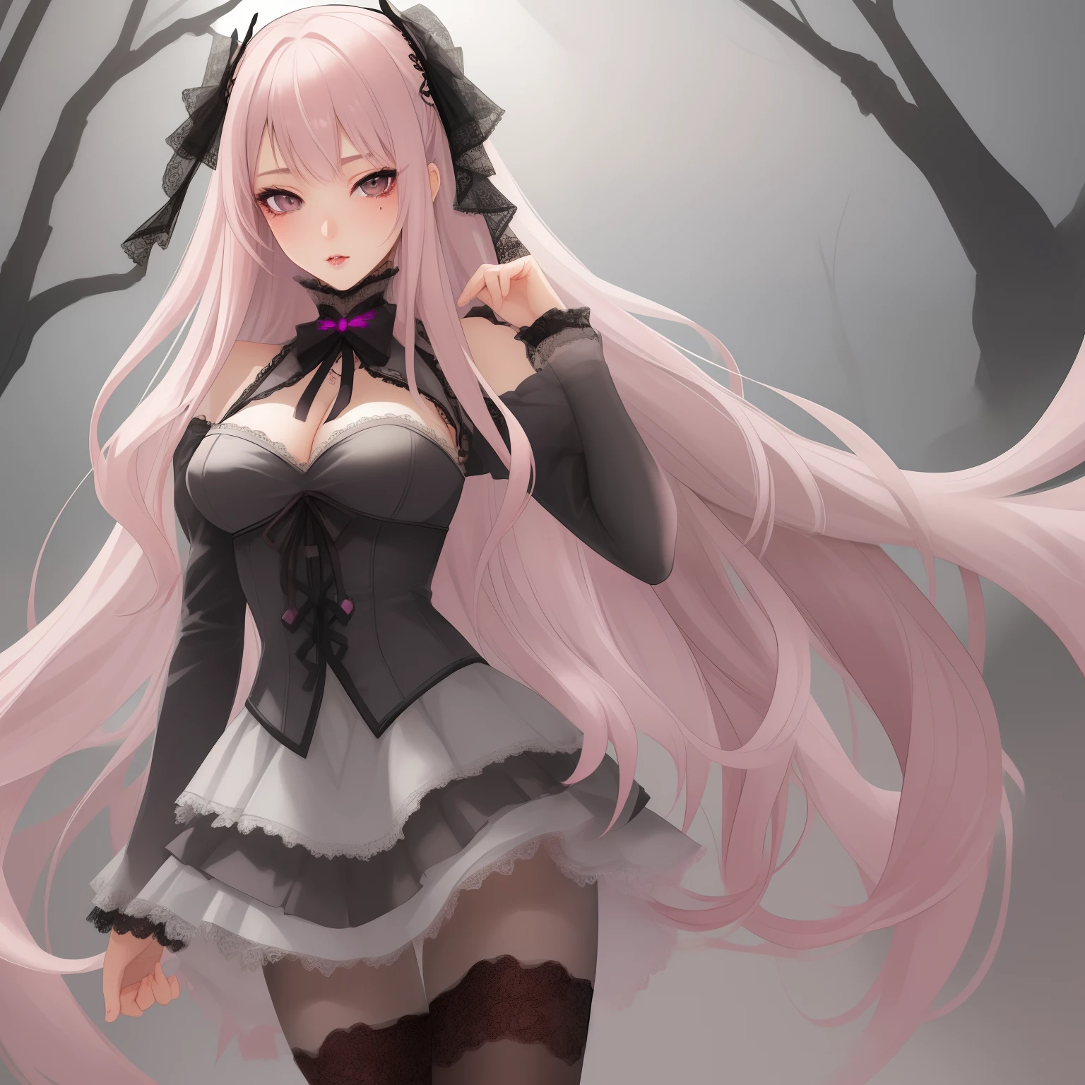 best quality, exquisite facial features, perfect face, bishoujo, ojousama, {{grey eyes}}, long light pink hair, lace trim, gothic, pantyhose, lace legwear