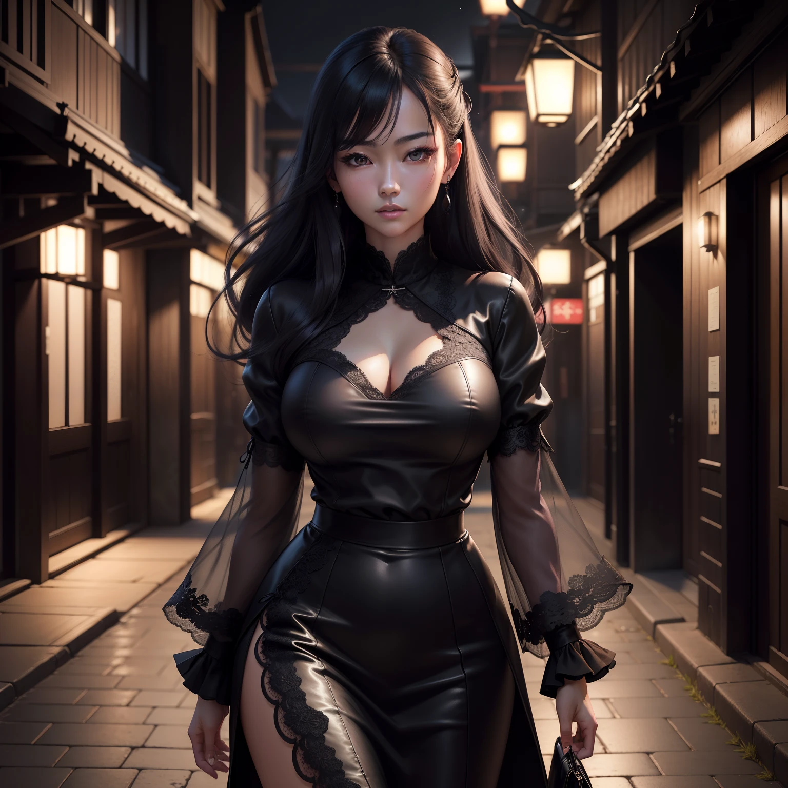 Ultra high resolution,4k resolution, Photo realistic, high quality, masterpiece, very detailed face, (beautiful) Japanese female, age 27, walking down dark moonlit alley, wearing a deep purple lace top & double breasted coat black (buttoned up) closed coat black, realistic skin, realistic hair, realistic eyes, medium length black skirt black.