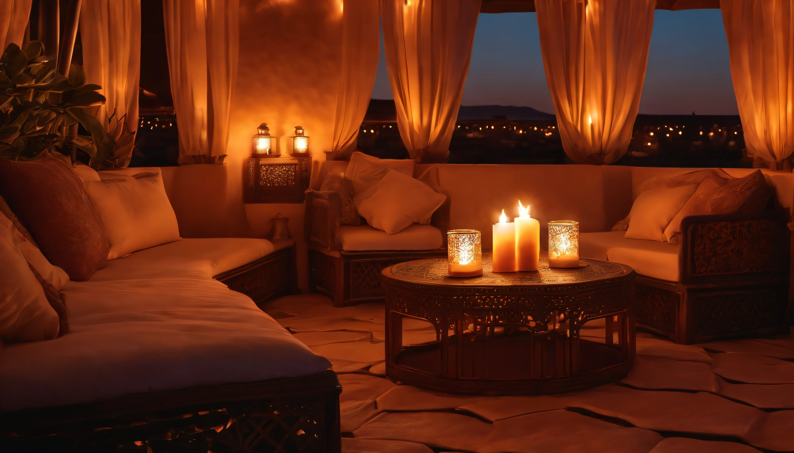 hyper realistic photo, ultra detailed photograph of a beautiful Moroccan rooftop, Amazigh pillows, photorealistic, riad rooftop, Marrakech view, stunning sunset, iridescent, hyperrealism, moroccan lamps, sexy, Ultra photoreal, Intricate details, Ultra detailed, elegant photorealistic, great high details, hyper real photo, 8k, extreme quality, roses, exotic, glimmering lights, magical, romantic