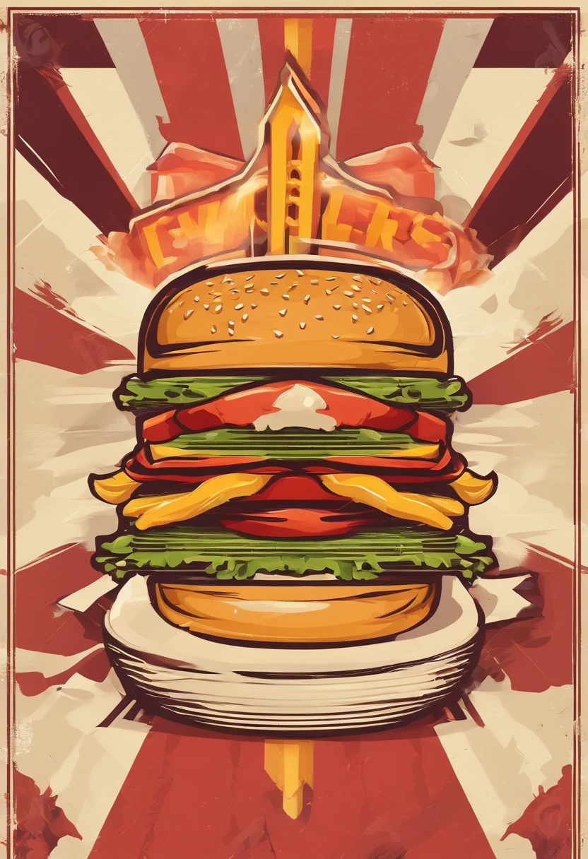A poster of a burger and fries, with the burger in the middle of the frame taking up a third of the image and the fries on the side. The poster shows retro colors. Flat vector illustration