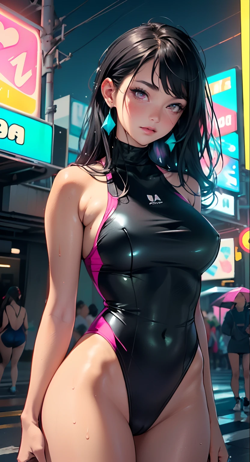 sporty girl with Asian features,(((1girl))),((girl with dark hair and turquoise highlights,)),

(large breasts:1.4),saggy breasts,(((Black hair with turquoise streaks:1.35,straight hair,long hair:1.4,colored inner hair,ear breathing))),((heterochromia:1.5,eye1 blue,eye2 turquoise,perfect eyes,upturned eyes:1.3,beautiful detailed eyes,finely detailed beautiful eyes:1,big highlight on eyes:1.2,slanted eyes)),((fat)),(((lustrous skin:1.5,bright skin: 1.5,skin tanned,shiny skin,very shiny skin,shiny body,plastic glitter skin,exaggerated shiny skin,illuminated skin, wet legs))),(spider lower abdomen,narrow waist,wide hip,athletic body,inflated legs,delicate detailed fingers,detailed body,detailed arms,human hands,(detailed face)),

cute,slutty,seductive,erotic,(((nsfw))),

((one-piece_swimsuit magenta,wearing a one-piece_swimsuit outfit:1.3,magenta swimsuit:1.3)),((wet clothes,detailed outfit,detailed clothes)),

(dynamic pose:1.0),embarrassed,(centered,scale to fit dimensions,Rule of thirds),

cyberpunk city by the ocean at night, with bright neon signs and dark stormy clouds and puddles,

High resolution, sharp focus, (ultra detailed, extremely detailed), (photorealistic artwork:1.37), 8k wallpaper,((synthwave background theme)),(((vibrant colors,))),(intricate),masterpiece,(best quality),synthwave neon colors,