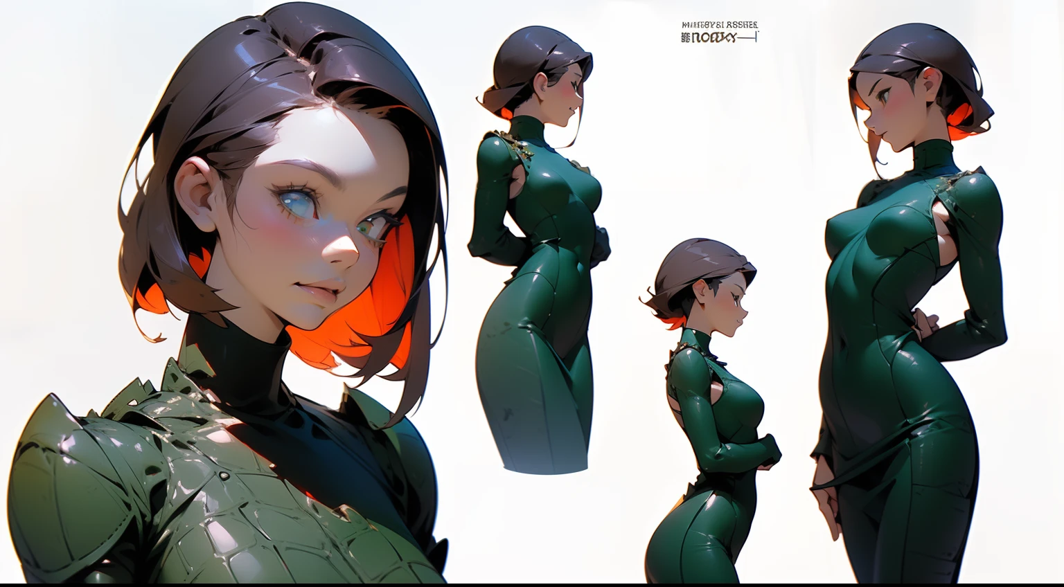 ((Best Quality)), ((Masterpiece)), ((Realistic)) 19 year old, redhead girl, shoulder length hair, relaxed happy face ((slender)) (busty), ((( crocodile skin bodycon dress ))) ((strapless)) ((sexy )) textured pixie haircut (((detailed character sheet, frontal view, side view, three quarter view))) (((white background))) 6 and a half heads full body