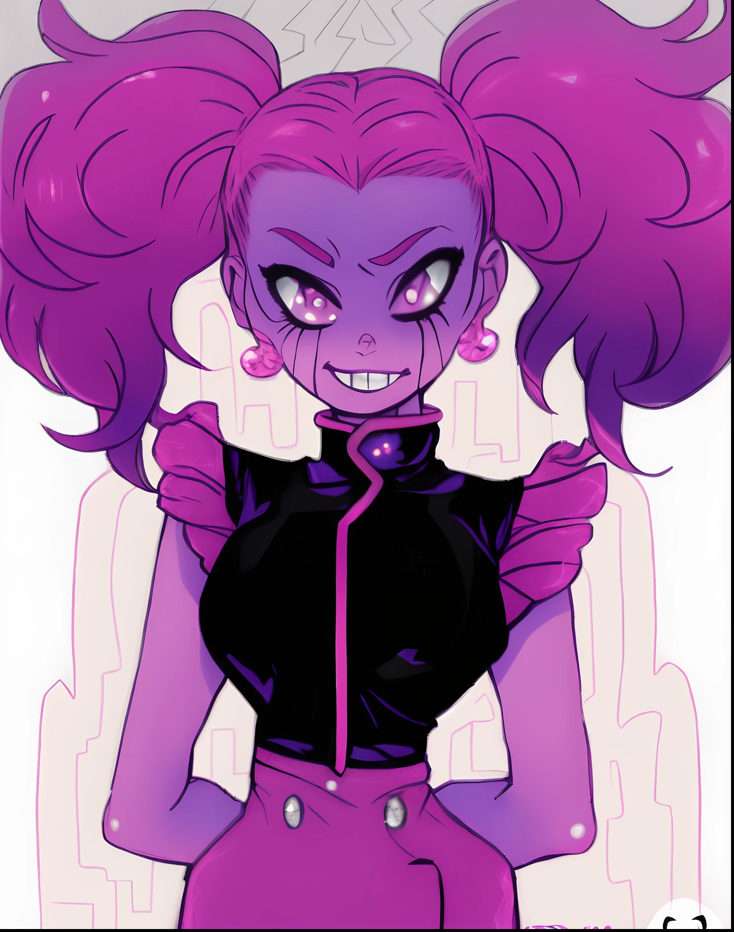 um desenho de uma mulher com cabelo rosa e um top preto, 6 billion demons style, Loish |, Jen Bartel, bubble goth, Em um aliado cyber - punk, alien princess, saiyajin, KDA, Estilo Steven Universe, Garnet, Steven Universe, beautiful pink little alien girl, corpo chiclete, 8 0 s vibe anime, alien girl, Demon girl