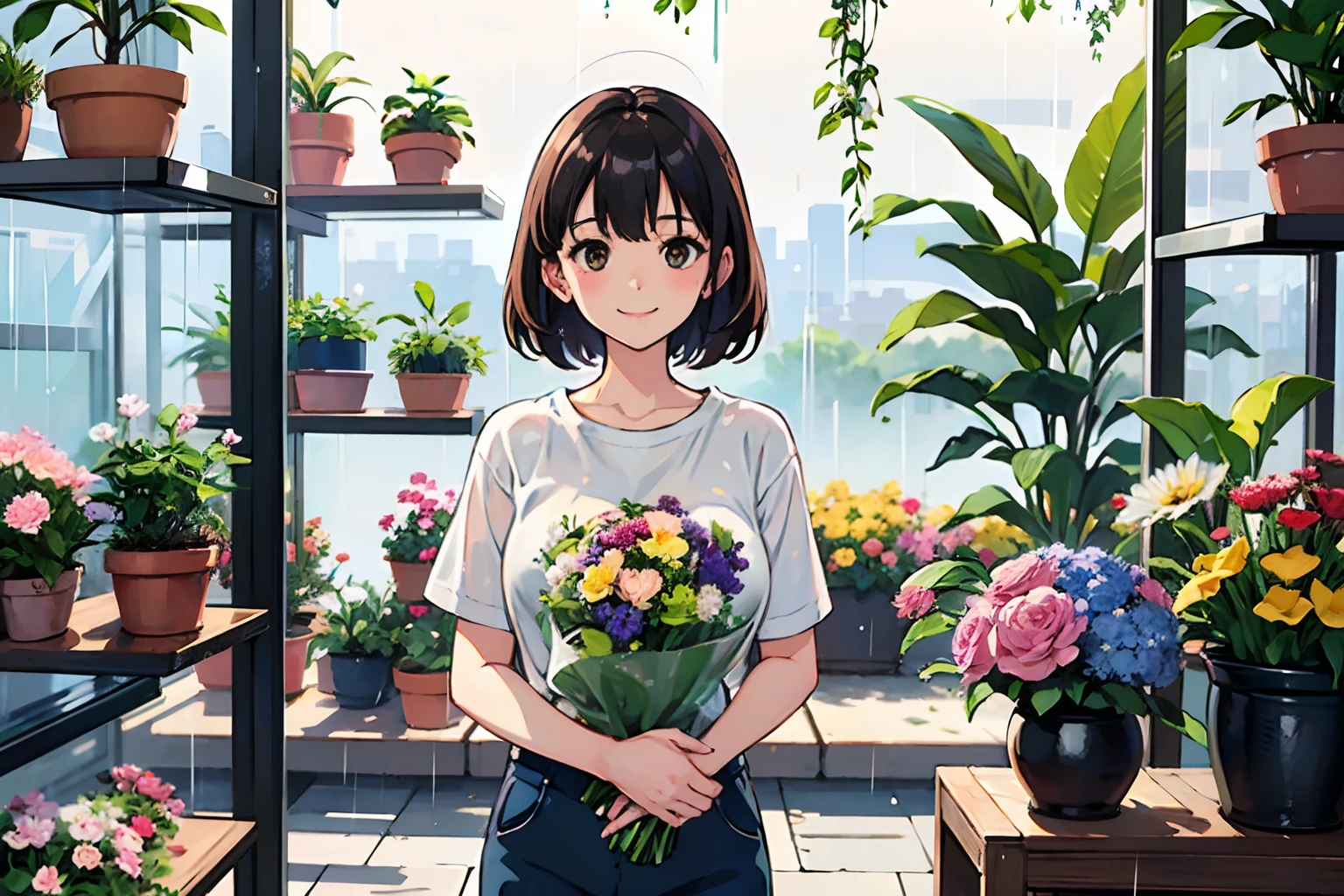 Best quality、超A high resolution、full bodyesbian、raining day,Outside the vitrine, in heavy rain,Girl working in a flower shop、Different potted plants、Lots of flowers,Wear a boyfriend-style loose T-shirt,Bouquets are being made、Florist background, Cute happy smile