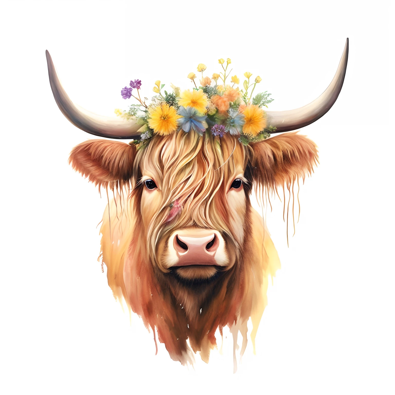There is a painting of a cow with a flower crown on its head, taur, flower child, made of wildflowers, ,  corolla, cow, animal portrait, flower head, Taurus, Floral headdress, jen bartel, official print
