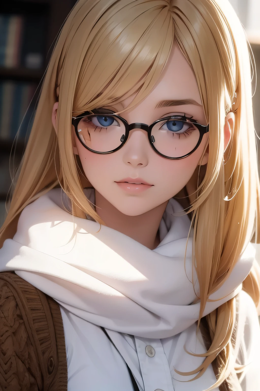 una adolecente rubia y muy blanca con gafas y pecas en todo el rostro, vendiendo periodicos