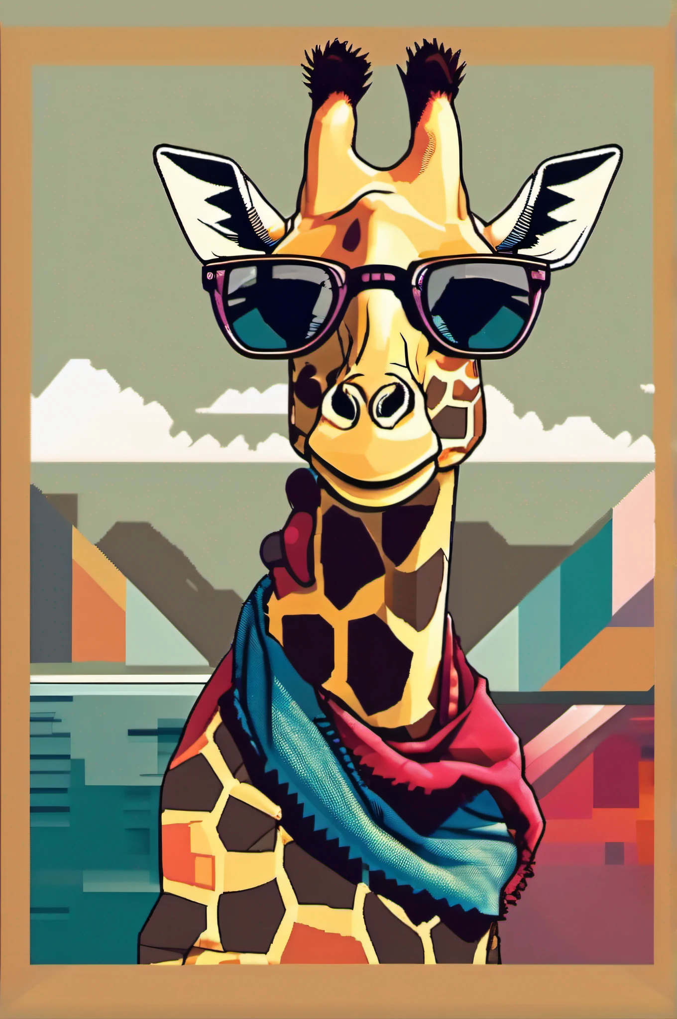 Create a T-shirt print with a giraffe with a scarf around the neck of sunglasses and well colored Waiting to get started