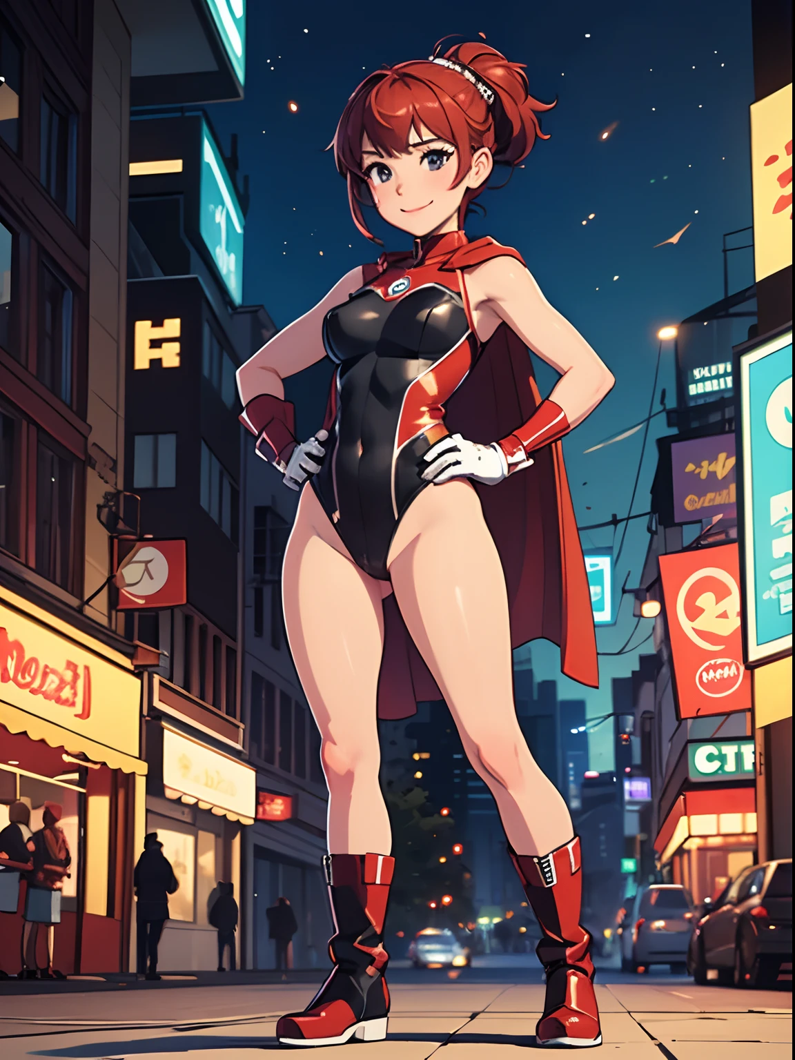 (best quality, masterpiece), 1girl, solo, glitter, leotard, bare legs, particle, superhero, boots, gloves, clenched fists, standing, hands on hip, smile, city backdrop