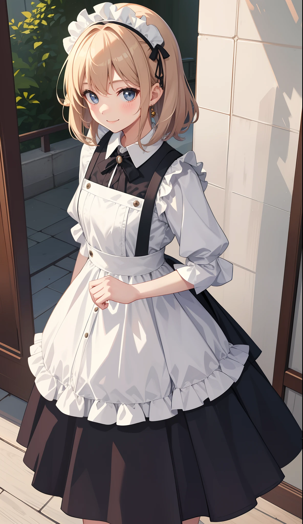 1girl in、AS-Adult、A smile、The shirt、skirt by the、(small tits)、doress、pinafore、hair adornments、(Maids)、Upper body portrait、