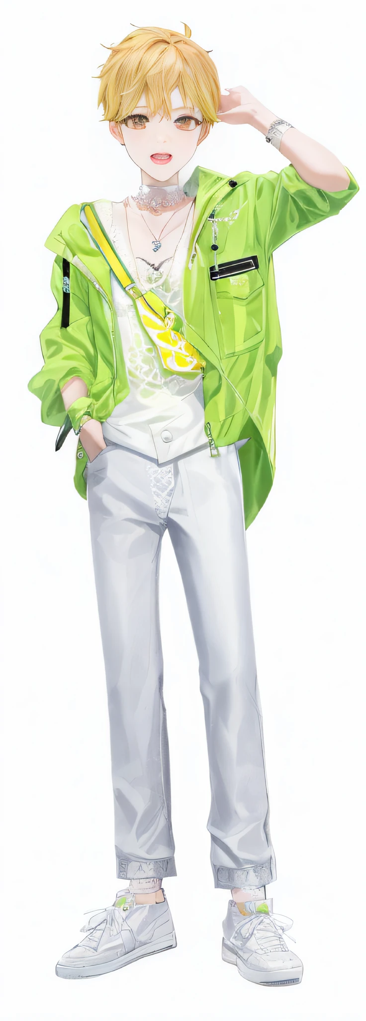 Pubic area is clear,filigree,white pantie,Green coat,white under lingerie,Yellow hair,choker necklace