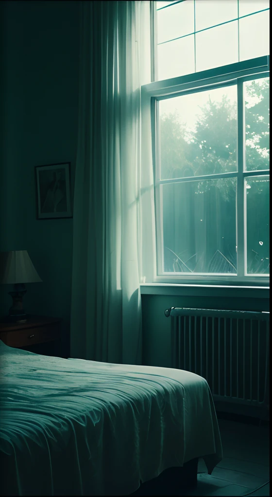 The horror movie filmed a creepy bedroom，The wind is raging，Lightning，The windows were swayed from side to side by the fierce wind，The sound of glass shattering makes people even more frightened, the rule of thirds, Tonal color scheme, pastel green, The silence of contemplation, Bokeh, Mystery, Horror, unholy, eerie, Creepy, Moody lighting, In the style of Denis Villeneuve, cinematic Film still from, cine still 800 --auto