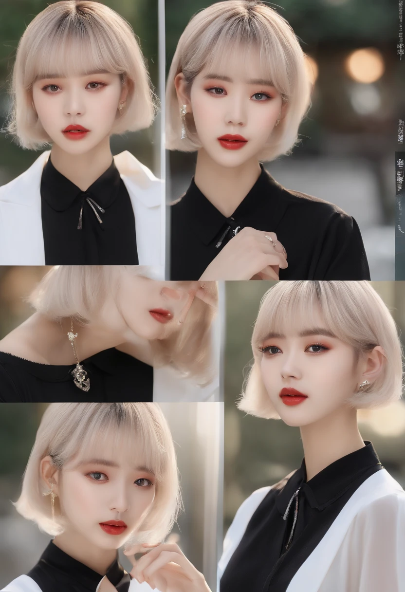 (8k、RAW Photos、Photorealsitic:1.25)、(lipgloss、eye lashes、Shiny face、shinny skin、best qualtiy、超A high resolution、depth of fields、chromatic abberation、Caustics、Wide range of lighting、Natural shading、Kpop Idle) The viewer looks calm and goddess-like with a sense of happiness、(1 pretty girl、Lori、18year old、college aged、a blond)、(((Short Bob Hair、Bangs)))、(looking-down,Sexy face、Spooky laugh)、((Fashionable、Black shirt、long-sleeve))