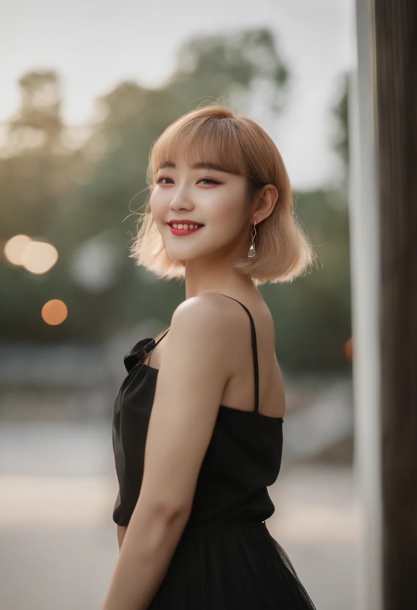 (8k、RAW Photos、Photorealsitic:1.25)、(lipgloss、eye lashes、Shiny face、shinny skin、best qualtiy、超A high resolution、depth of fields、chromatic abberation、Caustics、Wide range of lighting、Natural shading、Kpop Idle) The viewer looks calm and goddess-like with a sense of happiness、(1 pretty girl、Lori、18year old、college aged、a blond)、(((Short Bob Hair、Bangs)))、(looking-down,Sexy face、Spooky laugh)、((Fashionable、Black shirt、long-sleeve))