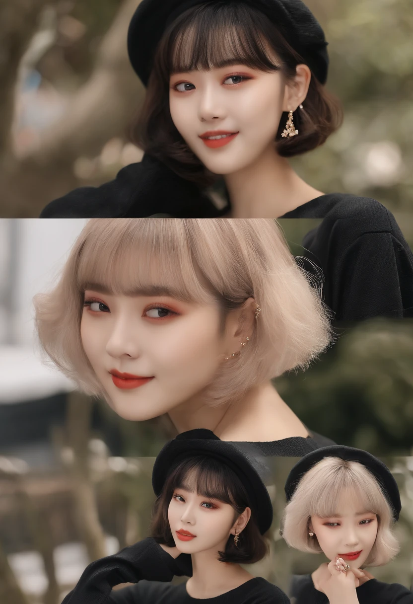 (8k、RAW Photos、Photorealsitic:1.25)、(lipgloss、eye lashes、Shiny face、shinny skin、best qualtiy、超A high resolution、depth of fields、chromatic abberation、Caustics、Wide range of lighting、Natural shading、Kpop Idle) The viewer looks calm and goddess-like with a sense of happiness、(1 pretty girl、Lori、18year old、college aged、a blond)、(((Short Bob Hair、Bangs)))、(looking-down,Sexy face、Spooky laugh)、((Fashionable、Black shirt、long-sleeve))