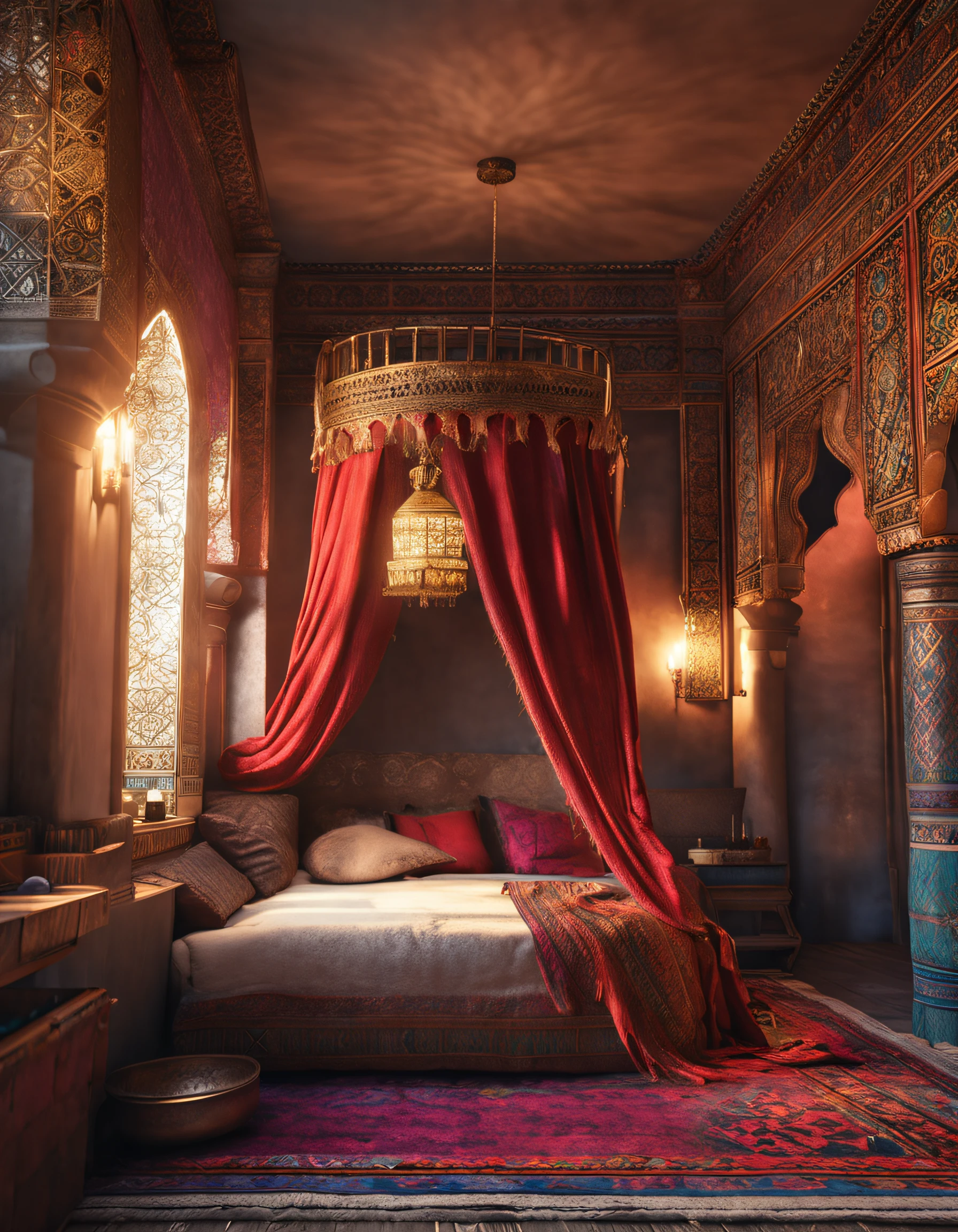 hyper realistic photo, ultra detailed photograph of a beautiful Moroccan bed, Amazigh pillows, photorealistic, iridescent, hyperrealism, traditional blankets, mats on floor, moroccan lamps, sexy, Ultra photoreal, Intricate details, Ultra detailed, elegant photorealistic, great high details, hyper real photo, 8k, extreme quality, mirror, roses, candles, full room, exotic, glimmering lights, magical,
