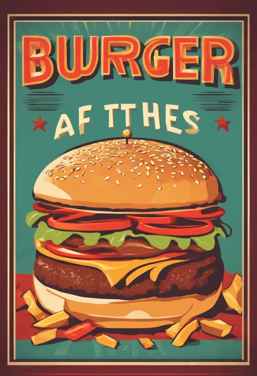 A poster of a burger and fries, with the burger in the middle of the frame taking up a third of the image and the fries on the side. The poster shows retro colors. Flat vector illustration