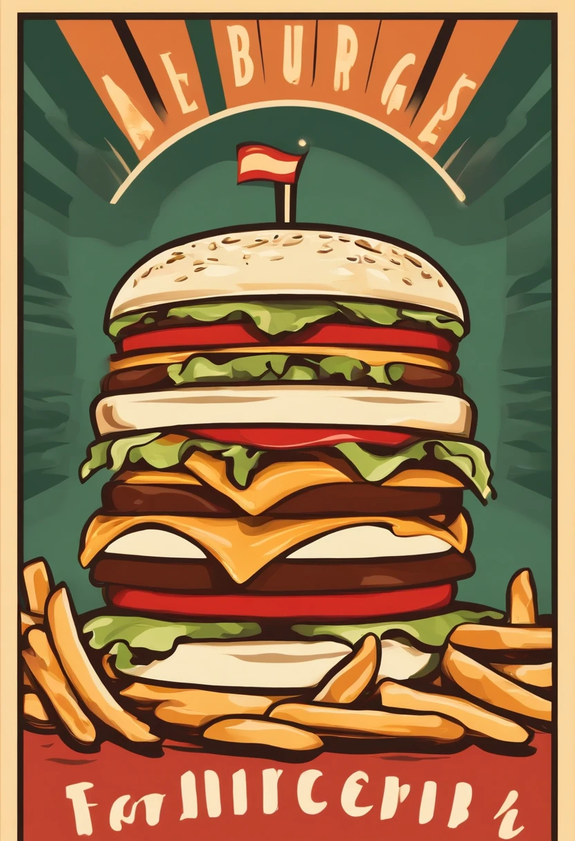 A poster of a burger and fries, with the burger in the middle of the frame taking up a third of the image and the fries on the side. The poster shows retro colors. Flat vector illustration