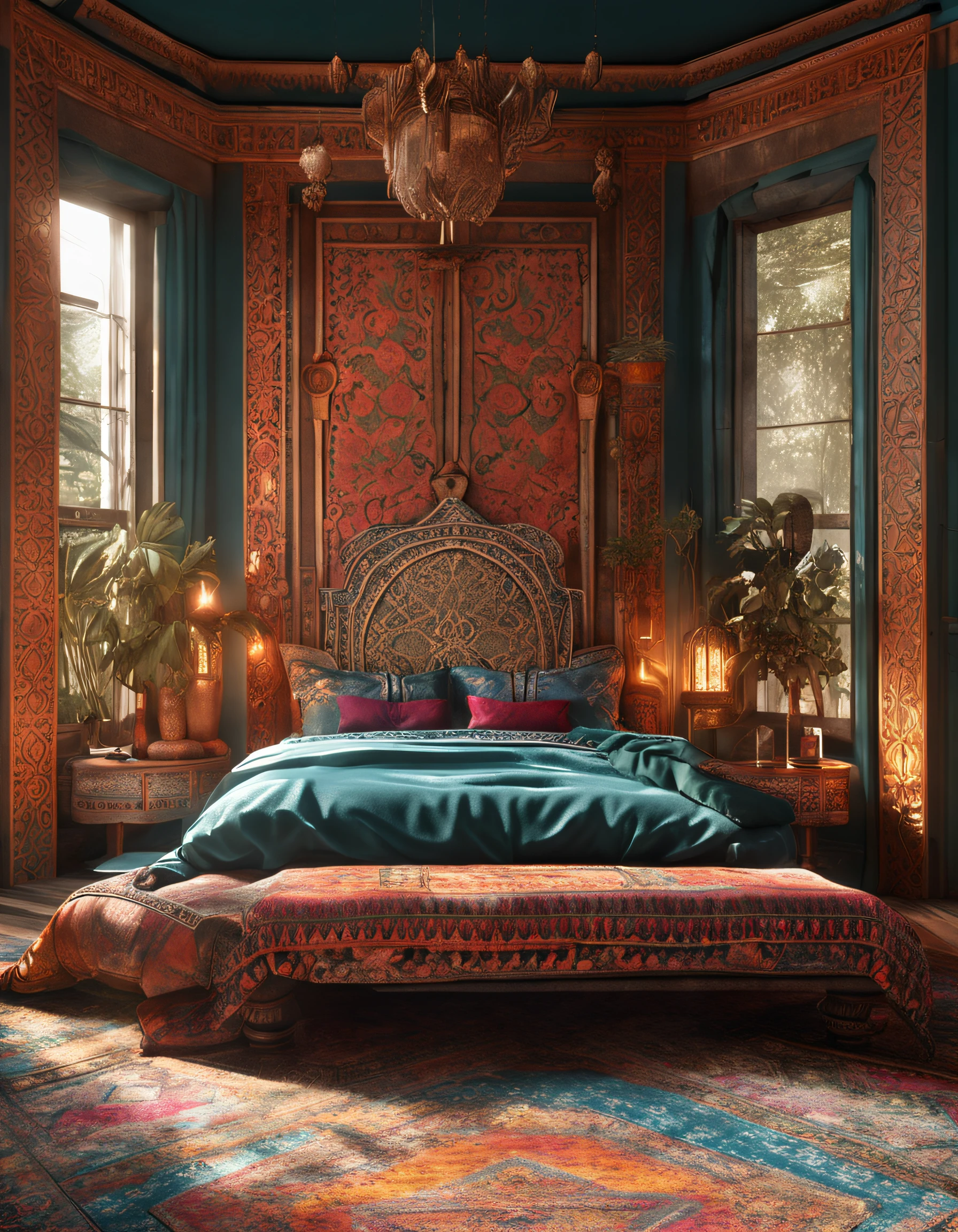 hyper realistic photo, ultra detailed photograph of a beautiful Moroccan bed, Amazigh pillows, photorealistic, iridescent, hyperrealism, traditional blankets, mats on floor, moroccan lamps, sexy, Ultra photoreal, Intricate details, Ultra detailed, elegant photorealistic, great high details, hyper real photo, 8k, extreme quality, mirror, roses, candles, full room, exotic, glimmering lights, magical,