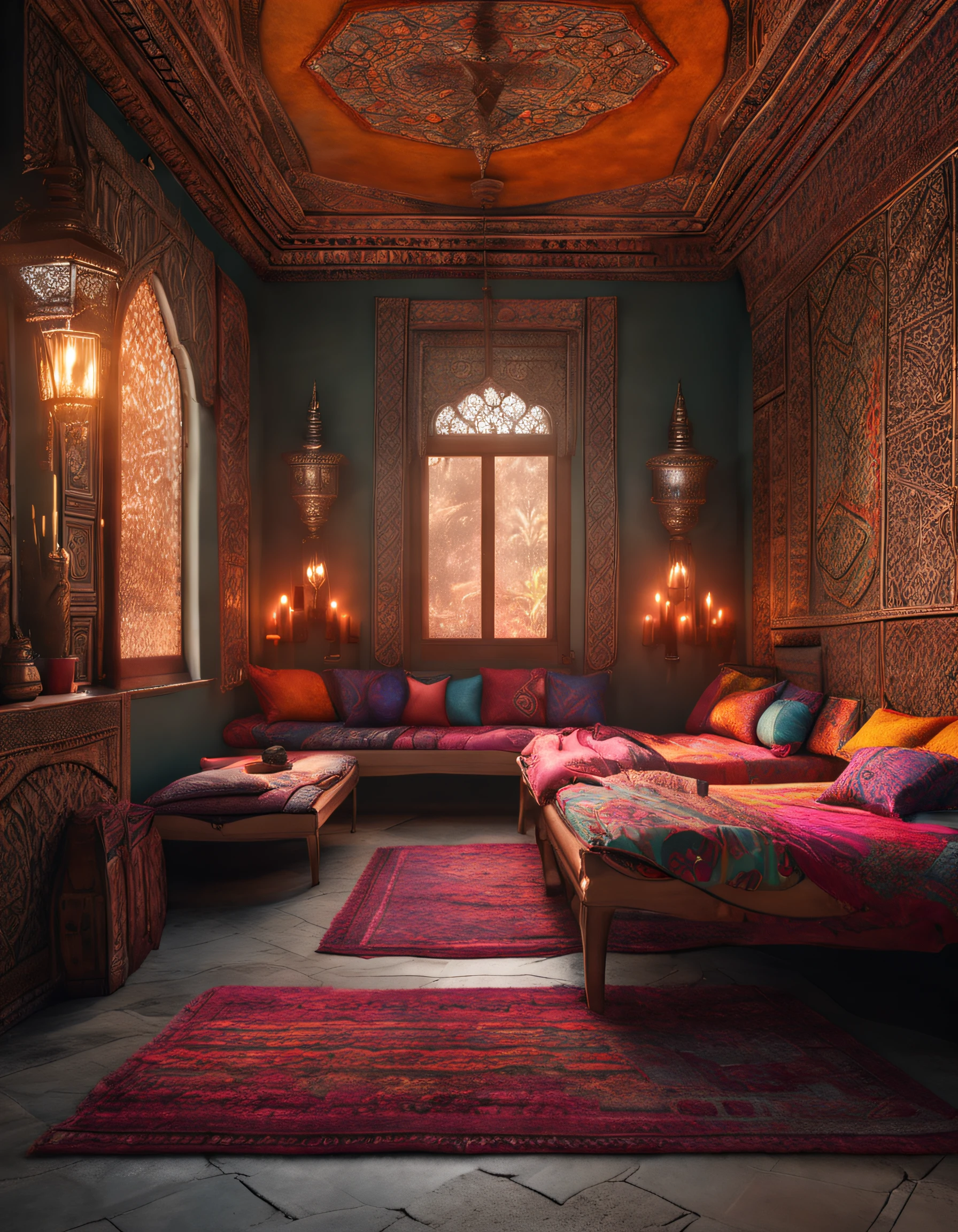 hyper realistic photo, ultra detailed photograph of a beautiful Moroccan bed, Amazigh pillows, photorealistic, iridescent, hyperrealism, traditional blankets, mats on floor, moroccan lamps, sexy, Ultra photoreal, Intricate details, Ultra detailed, elegant photorealistic, great high details, hyper real photo, 8k, extreme quality, mirror, roses, candles, full room, exotic, glimmering lights, magical,