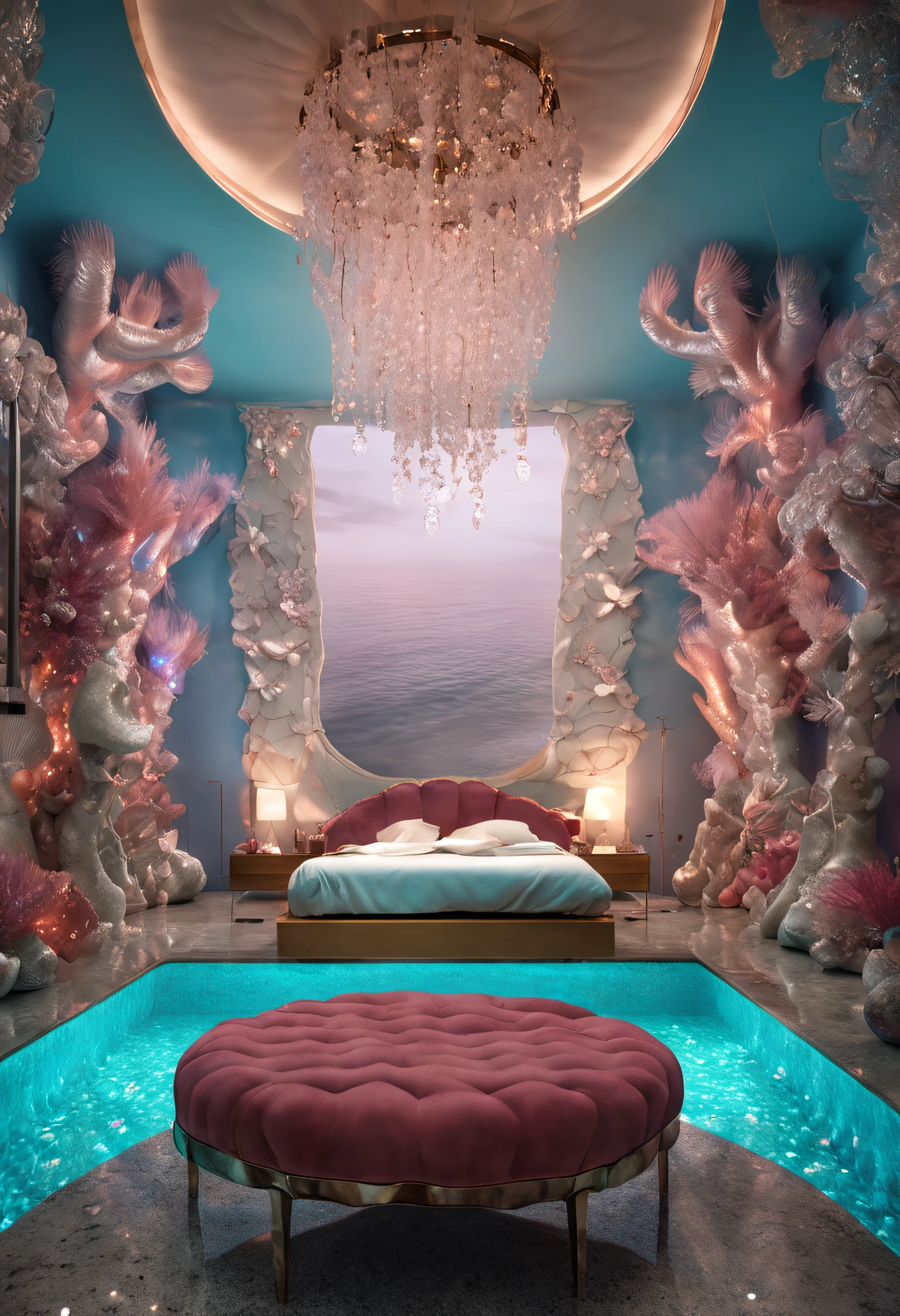 hyper realistic photo, ultra detailed photograph of a beautiful mermaid bed, fluffy seashell pillows, mermaidcore, photorealistic, iridescent, hyperrealism, opal blankets, pool above bed, glass aquarium, foamy, wavy, sexy, Ultra photoreal, Intricate details, Ultra detailed, elegant photorealistic, great high details, hyper real photo, 8k, extreme quality, mirrors, flowers, jewels, coral, full room, exotic, glimmering lights, magical, bioluminescence