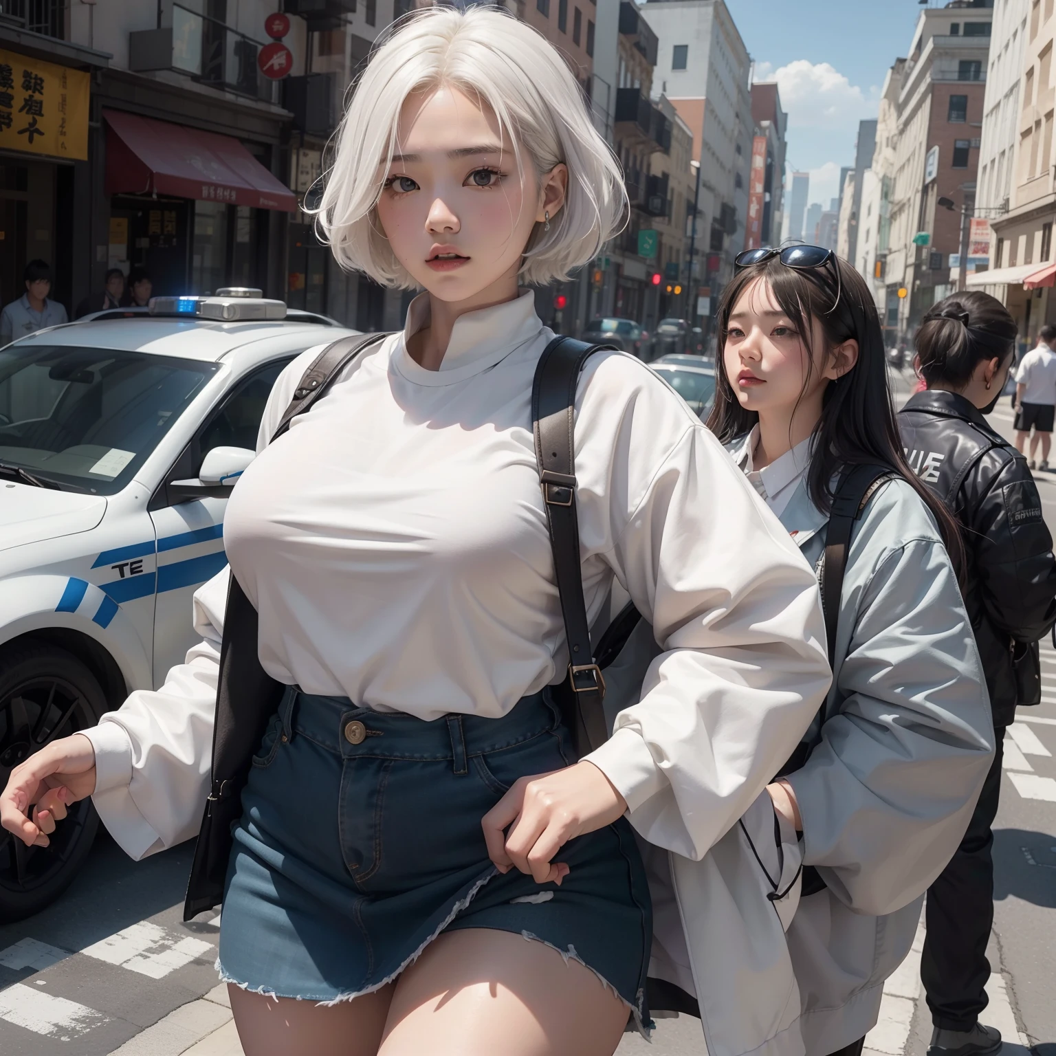 Little fat girl、15yo student、white hair、short-haired、Little fat woman、skirt by the、white hair、shorth hair、Troubled face、hightquality、Buildings、police cars、pistols、a miniskirt、校服、tanned face、large full breasts、Underwear is visible from the skirt、 Transparent genitals covered in sweat、AHE Face、Ryuji、