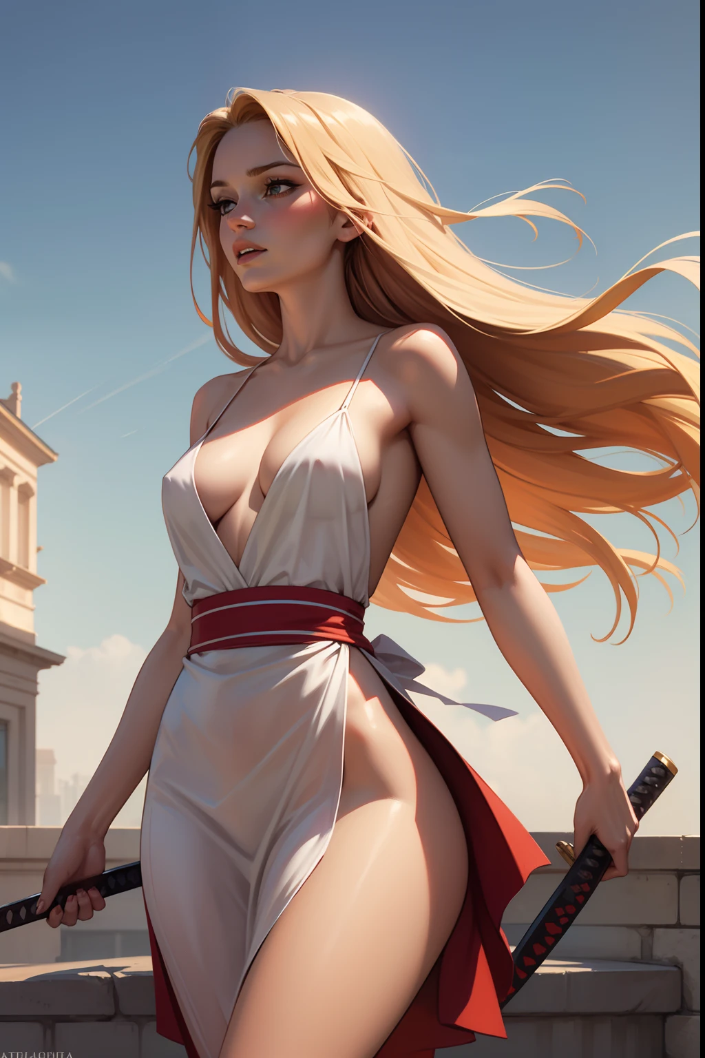 an art of milo manara of a russian blond girl with katanas , loose hair blowing in the wind , light revealing dress, occidental comic looks, dueling, [NSFW]